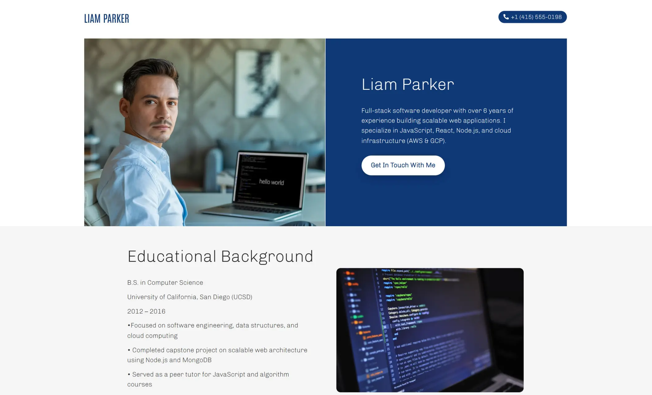 Liam Parker's homepage featuring a portrait, a brief introduction, educational background, and a phone number