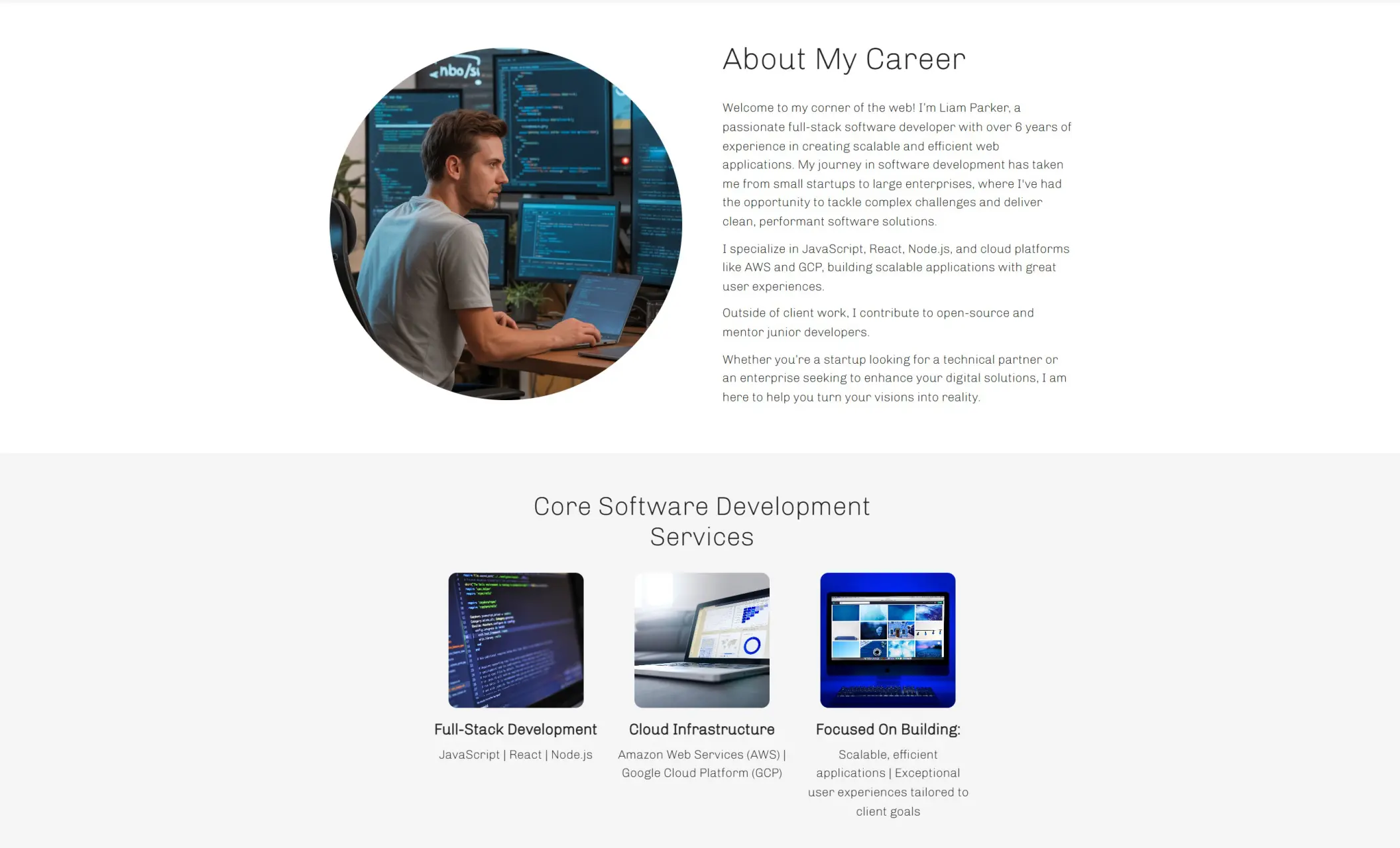 Liam Parker's website displaying an "About My Career" section, and a "Core Software Development Services" section