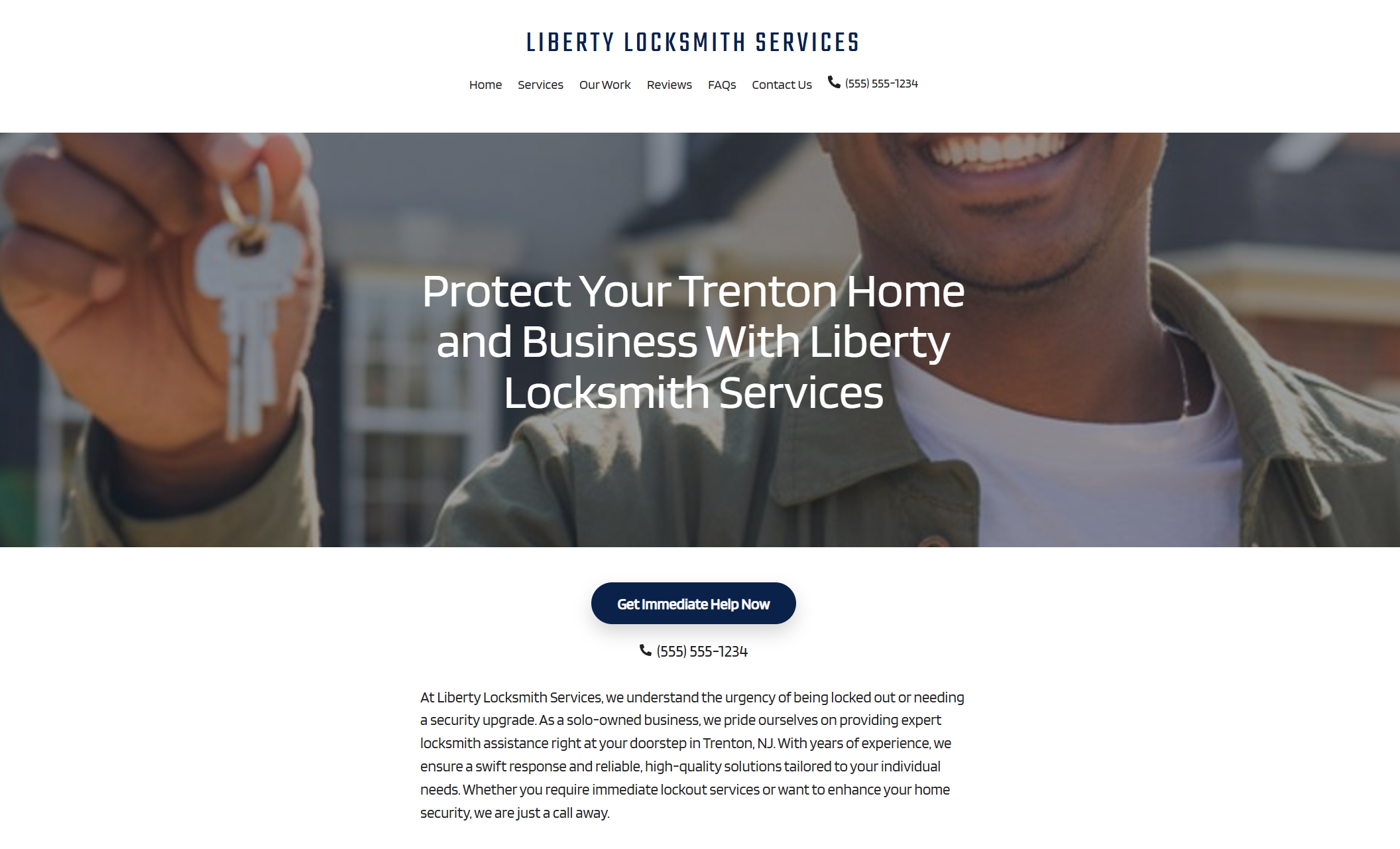 Liberty Locksmith Services homepage with a close-up of a smiling man holding house keys next to the headline “Protect Your Trenton Home and Business With Liberty Locksmith Services” and a blue call-to-action button