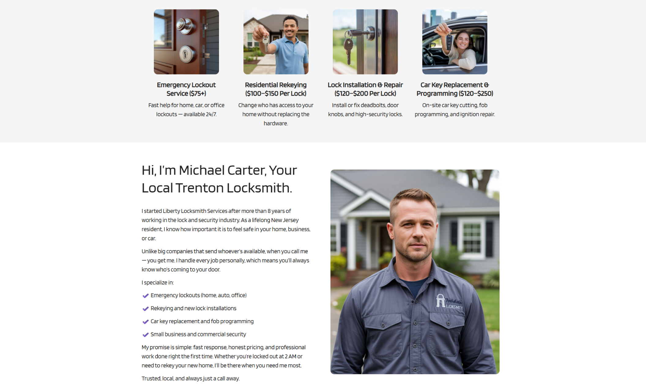 Liberty Locksmith Services about page featuring owner Michael Carter in a gray company shirt beside text introducing him as a lifelong New Jersey resident and trusted locksmith