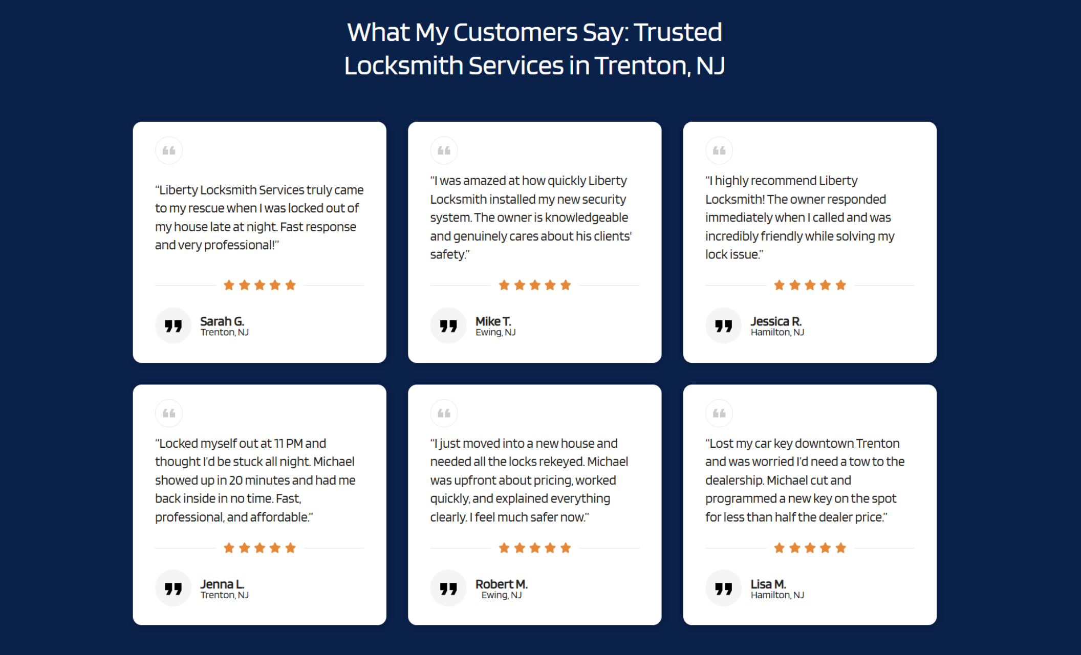 Liberty Locksmith Services reviews section displaying six blue-backed customer testimonials with names and star ratings, praising fast response times and professional service in Trenton, NJ