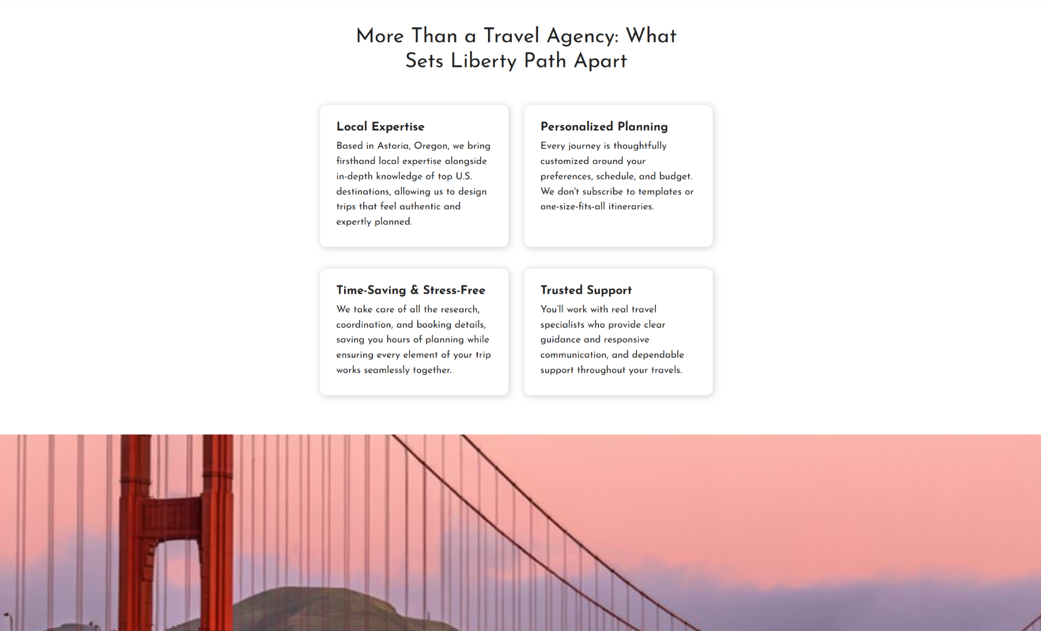 Liberty Path Travel Co. features section titled “More Than a Travel Agency: What Sets Liberty Path Apart,” displaying four white cards highlighting Local Expertise, Personalized Planning, Time-Saving & Stress-Free service, and Trusted Support