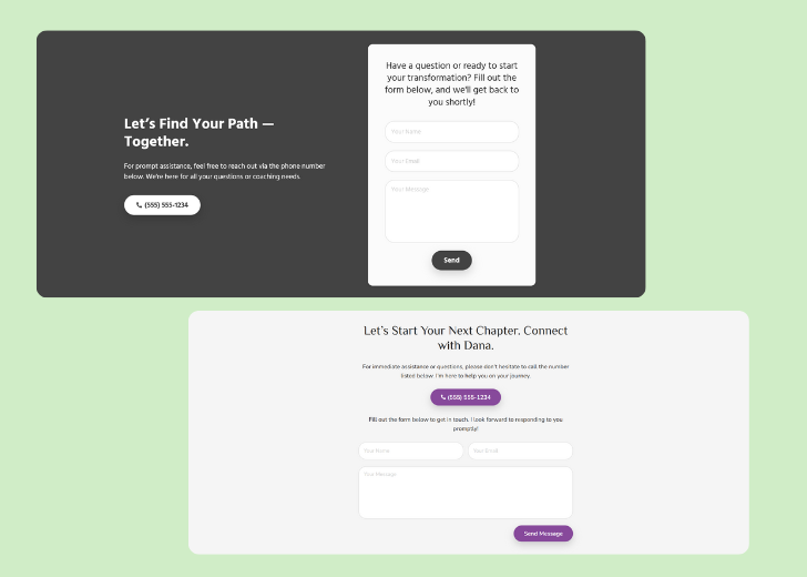 Screenshot of a contact form titled 'Get in touch' with a blue-colored primary button with a contact number, with input fields for Name, Email, and Message
