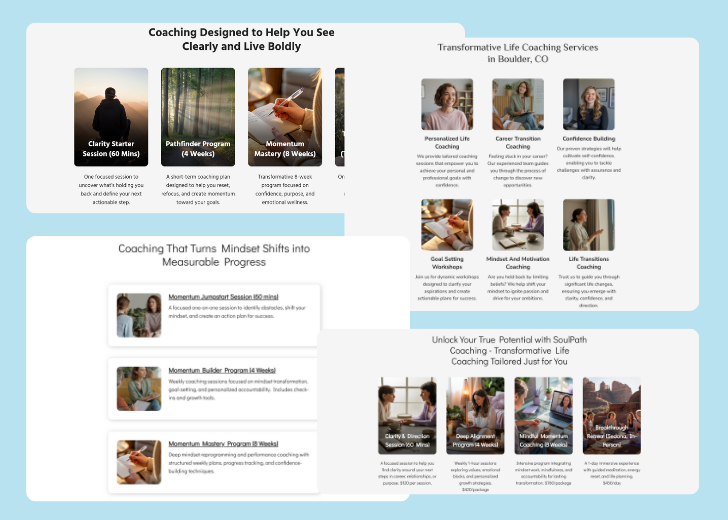 A collage of services section generated by Zarla showing different styles of service items, all having a picture, a title, and a brief description
