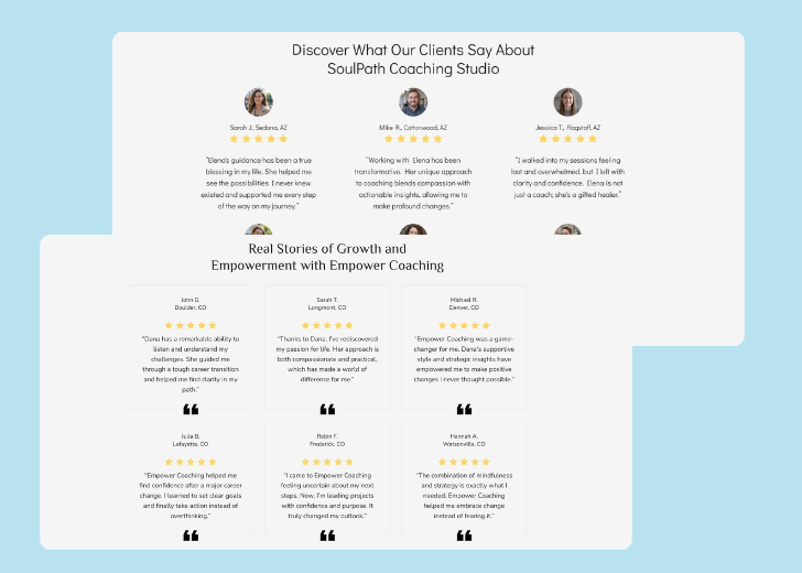 A collage of reviews section generated by Zarla showing different styles of testimonials