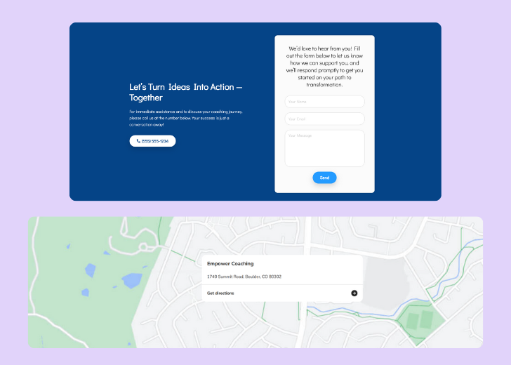 A screenshot of a header with navigation pills with contact number, a blue-colored primary button with contact number, and a 2D depiction of a map with a business address in the center