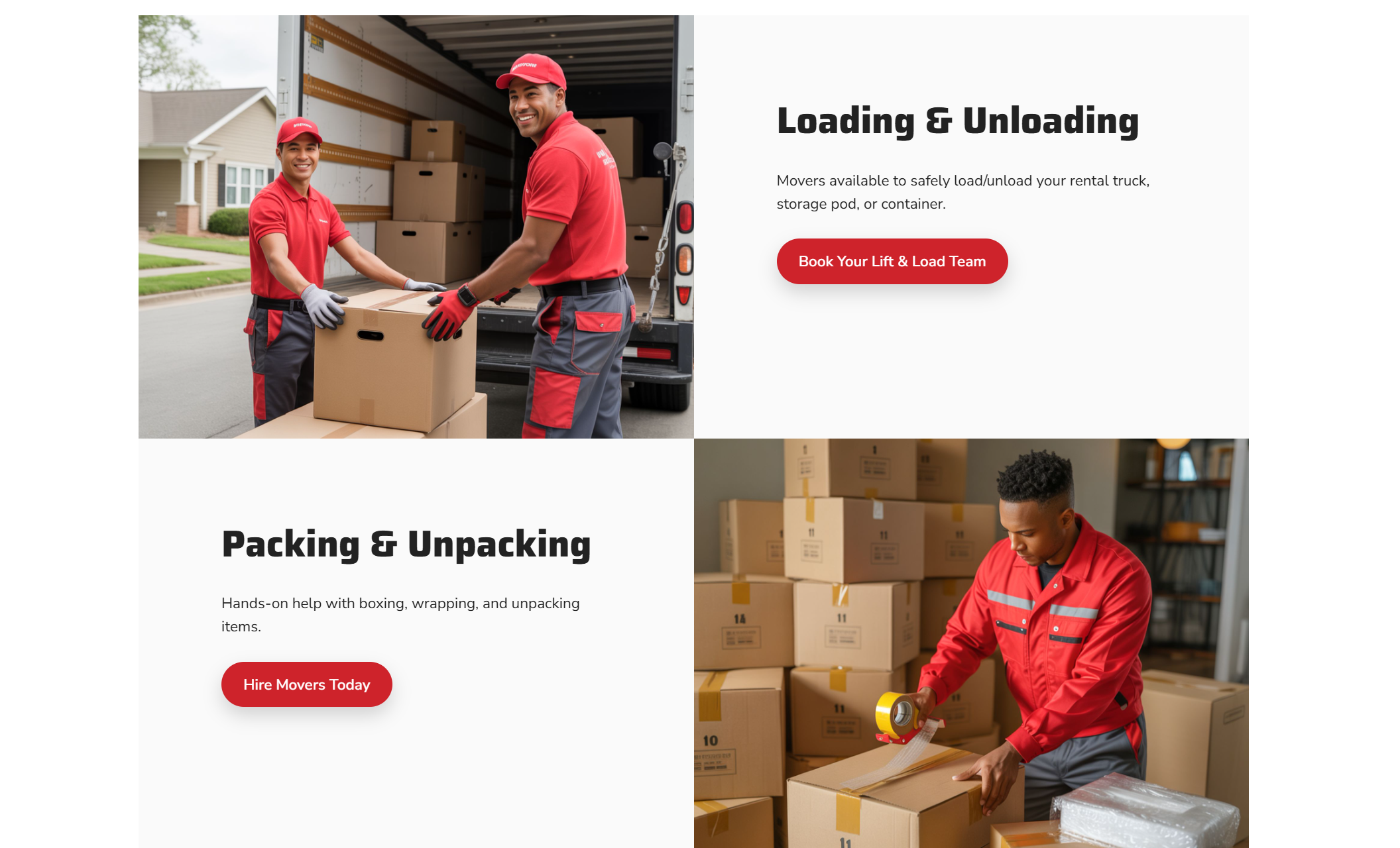Lift & Load Crew services section highlighting “Loading & Unloading” and “Packing & Unpacking,” with photos of movers in red uniforms lifting boxes into a truck and sealing boxes with tape, alongside red call-to-action buttons