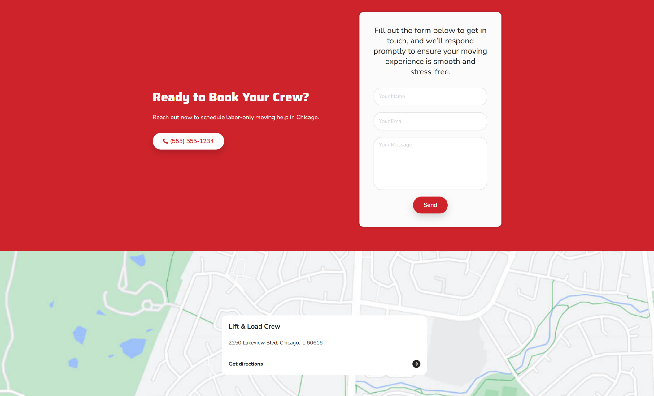 Lift & Load Crew contact section with a bold red background featuring the headline “Ready to Book Your Crew?” a white contact form, a call-to-action button, and a map showing the Chicago business address
