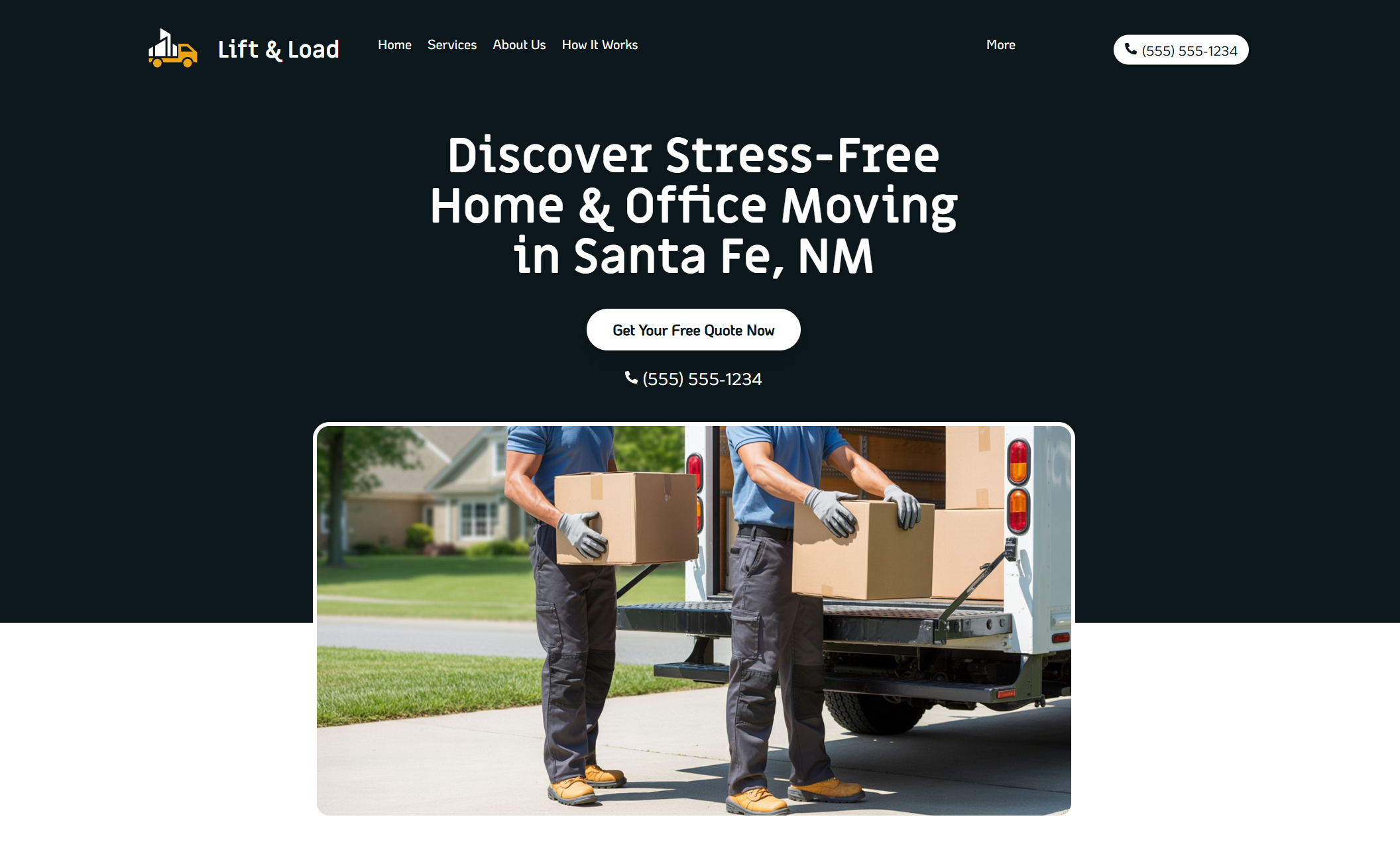 Lift & Load homepage hero showing two movers unloading boxes from a truck beneath the headline “Discover Stress-Free Home & Office Moving in Santa Fe, NM” and a “Get Your Free Quote Now” call-to-action button