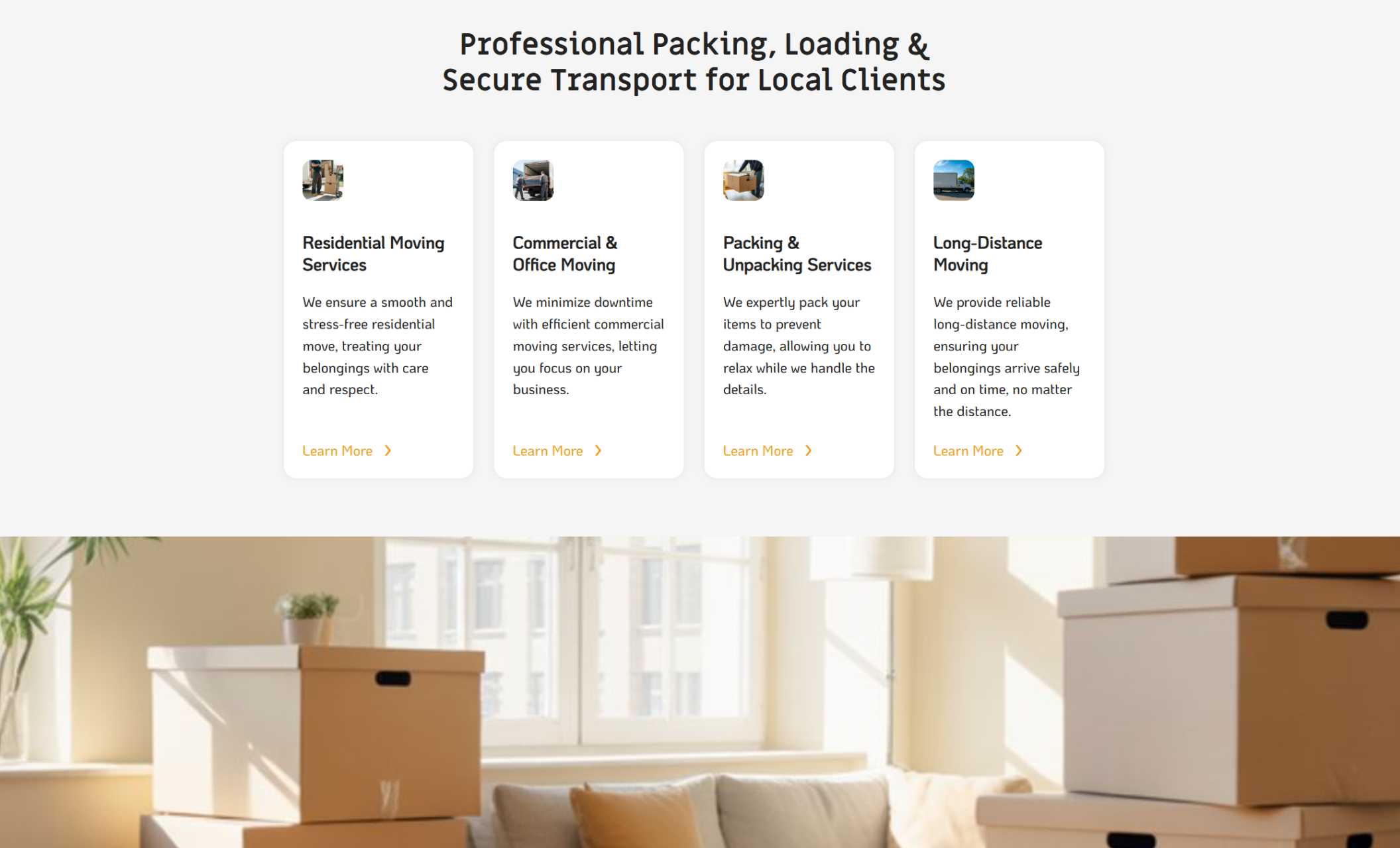 Lift & Load services section displaying the headline “Professional Packing, Loading & Secure Transport for Local Clients” above four service cards for residential moving, commercial moving, packing services, and long-distance moving, with stacked moving boxes below