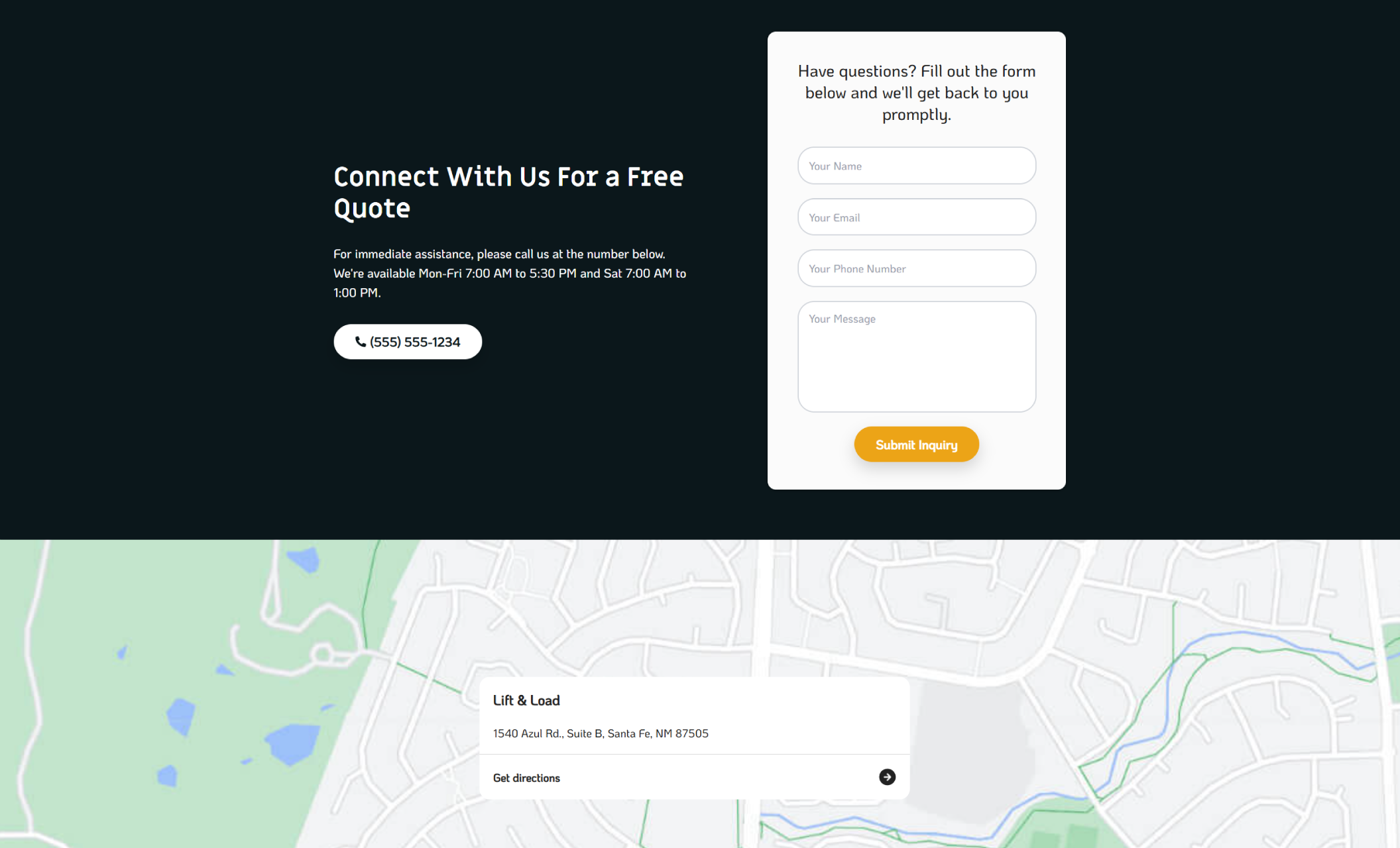 Lift & Load contact section featuring the headline “Connect With Us For a Free Quote,” a visible phone number button, business hours, a contact form with a “Submit Inquiry” button, and a Google Map showing a Santa Fe, NM address