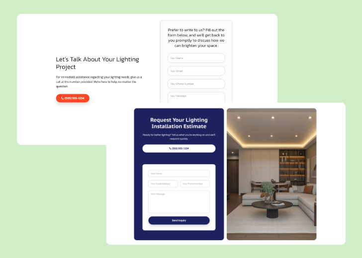Screenshot of a contact form titled 'Get in touch' with a blue-colored primary button with a contact number, with input fields for Name, Email, and Message