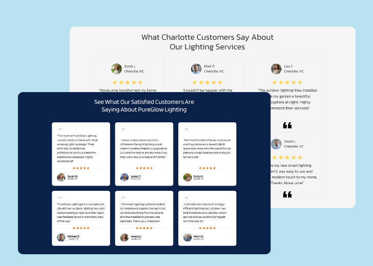 A collage of reviews section generated by Zarla showing different styles of testimonials