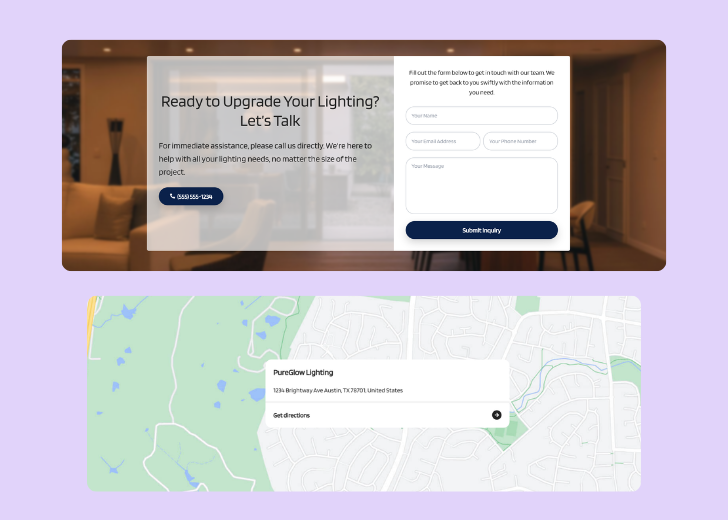 A screenshot of a header with navigation pills with contact number, a blue-colored primary button with contact number, and a 2D depiction of a map with a business address in the center