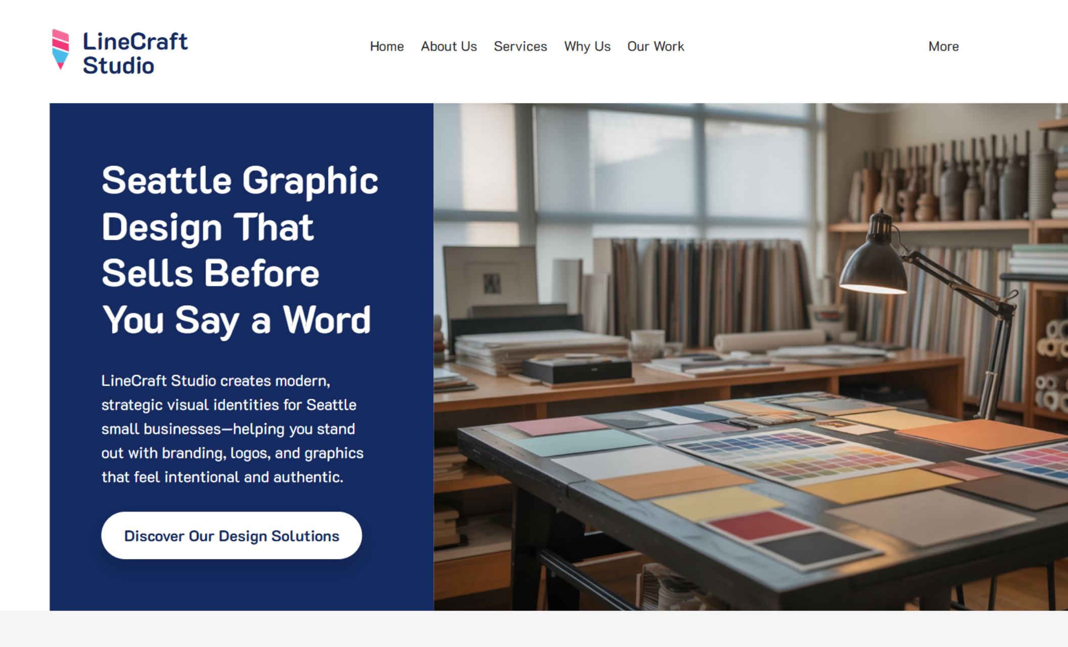 LineCraft Studio homepage showcasing a large navy block with the headline “Seattle Graphic Design That Sells Before You Say a Word” beside a warmly lit design studio workspace filled with color swatches, samples, and tools