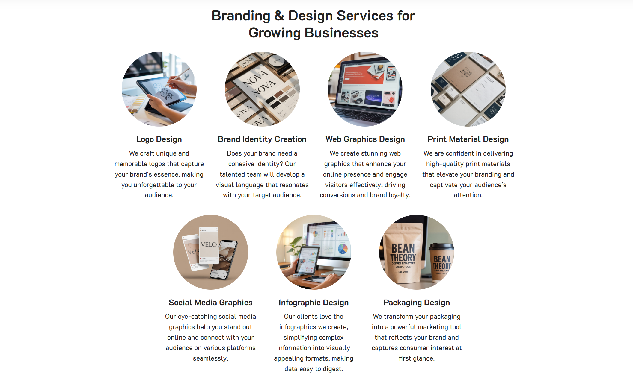 LineCraft Studio services section displaying circular photo icons and descriptions for logo design, brand identity creation, web graphics, print materials, social media graphics, infographics, and packaging design under the headline “Branding & Design Services for Growing Businesses.”