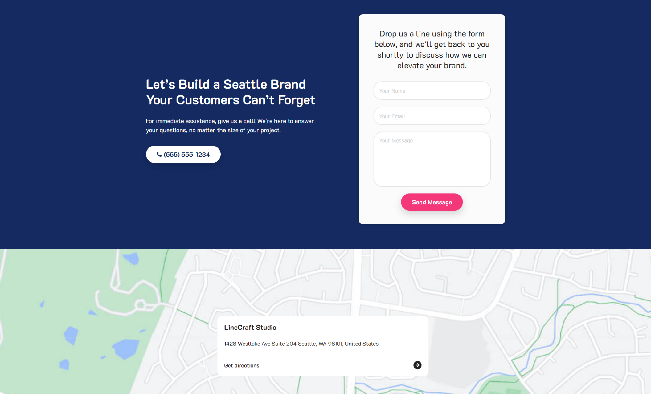 LineCraft Studio contact section featuring a navy-blue background with the headline “Let’s Build a Seattle Brand Your Customers Can’t Forget,” a white phone button, a pink “Send Message” form, and a map showing the studio’s Seattle location