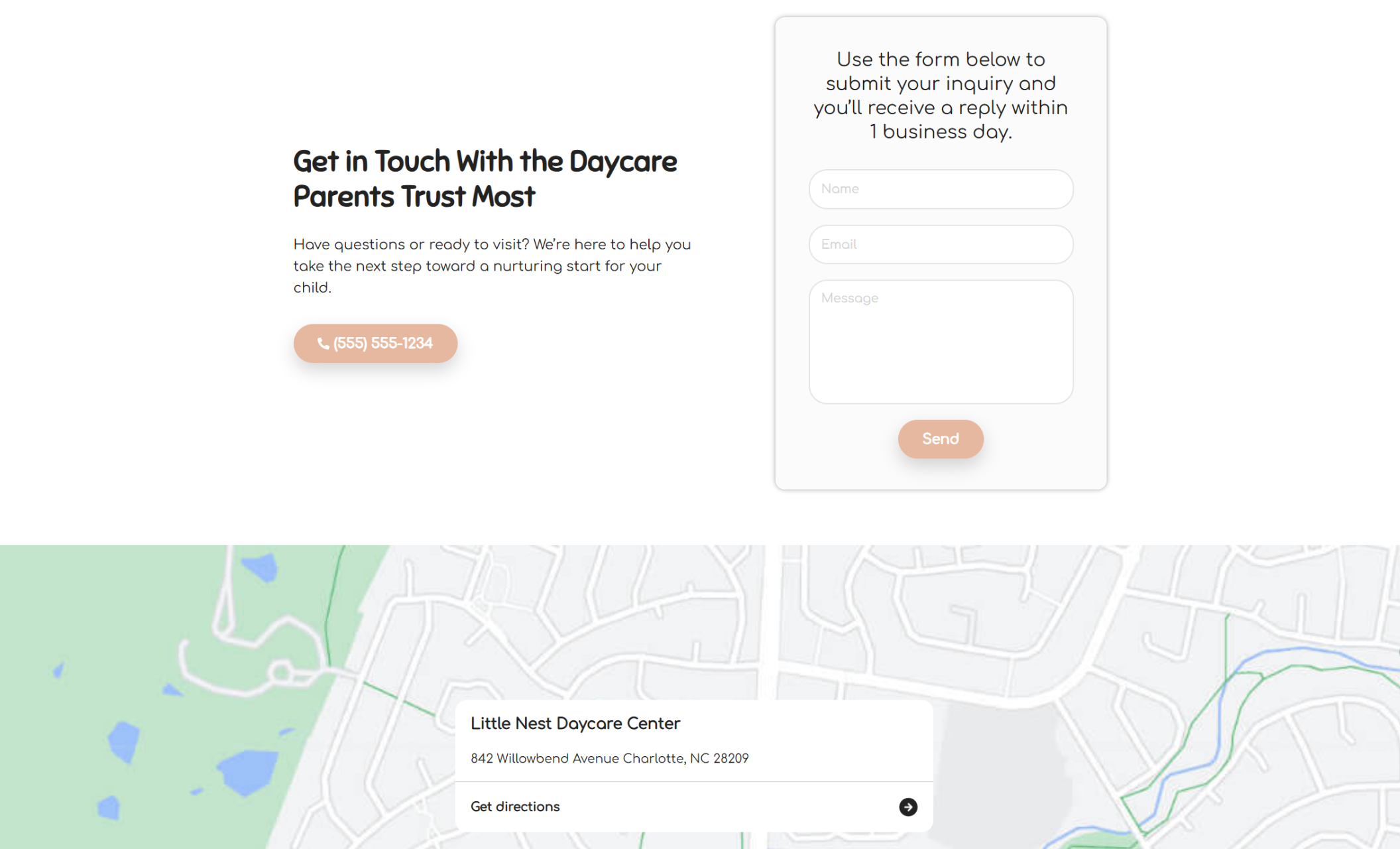 Little Nest Daycare Center contact section featuring the headline “Get in Touch With the Daycare Parents Trust Most,” a peach call button, an inquiry form with name, email, and message fields, and a map with a pinned location and address in Charlotte, NC