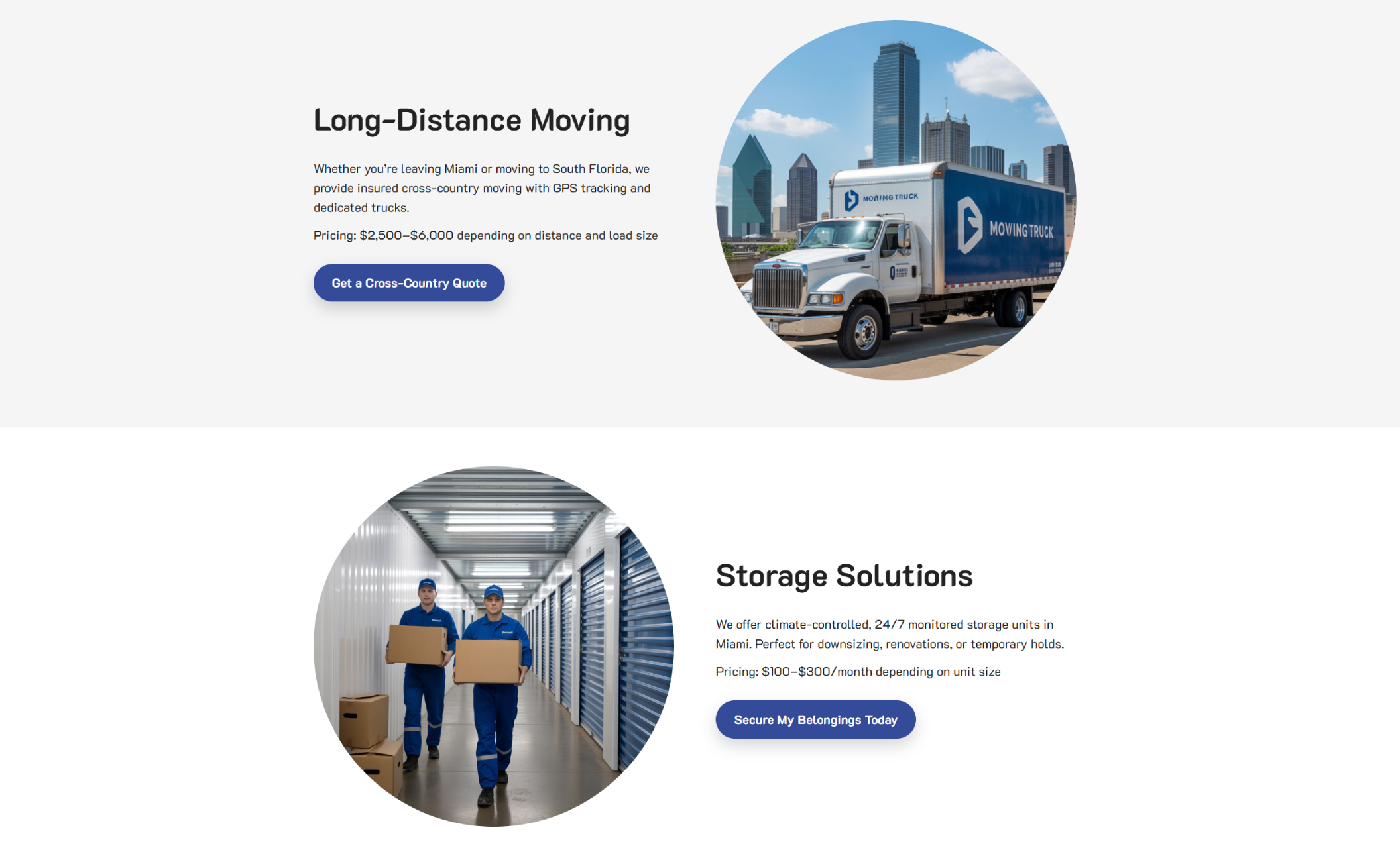LoadMaster Moving Co. services section showing two options: “Long-Distance Moving” with a moving truck in a city background, and “Storage Solutions” with movers carrying boxes in a storage facility, each with pricing details and blue call-to-action buttons