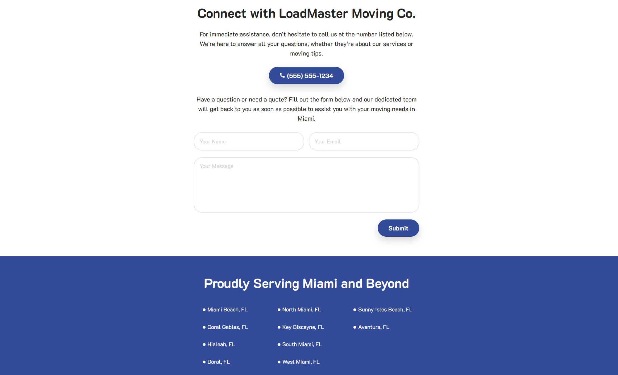 LoadMaster Moving Co. contact section with a clean white background, a phone number in a blue button, a simple contact form asking for name, email, and message, and a footer listing service areas across Miami and surrounding cities