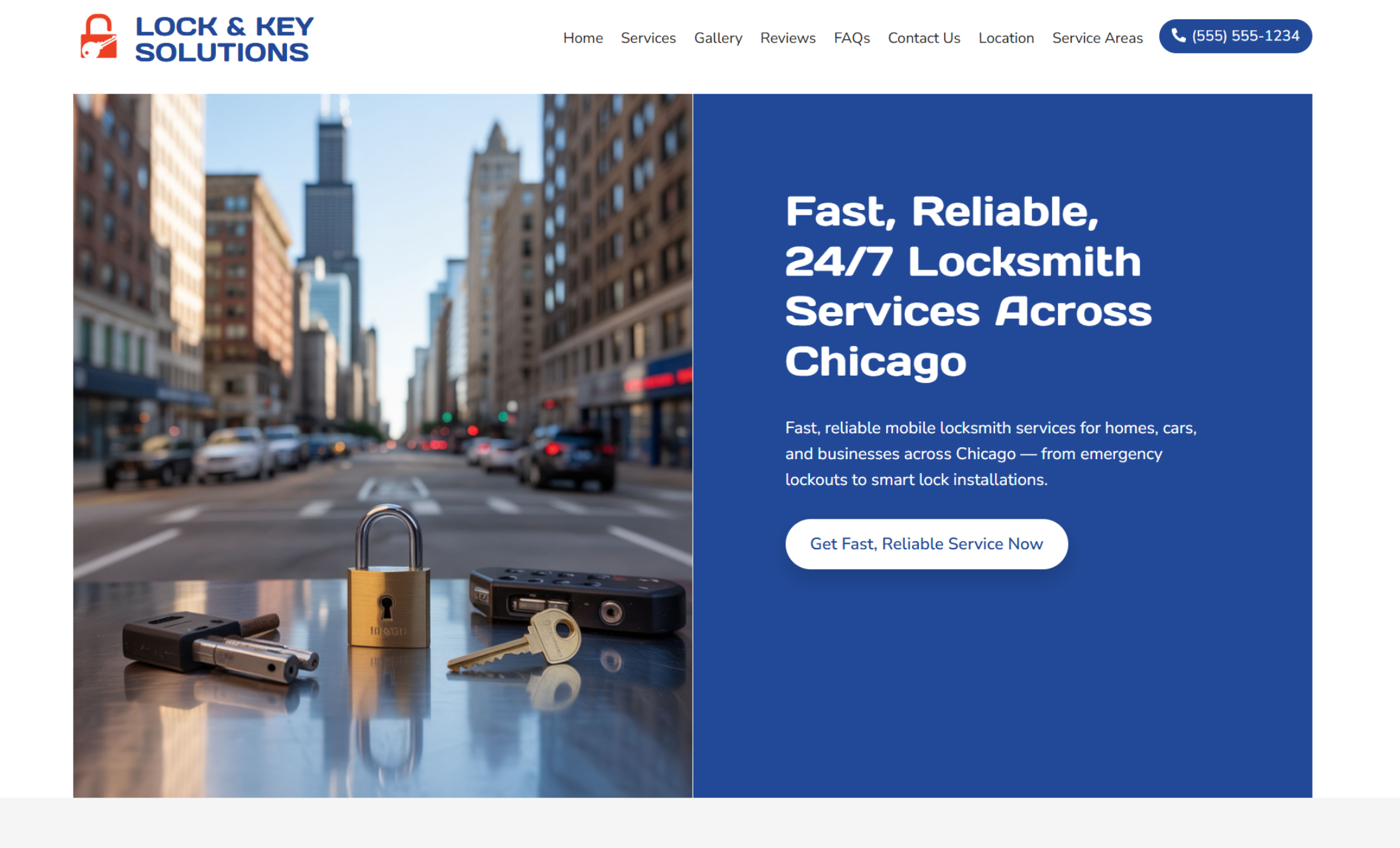 Lock & Key Solutions homepage featuring a Chicago city street with a padlock, car keys, and lock tools on a metal surface beside the headline “Fast, Reliable, 24/7 Locksmith Services Across Chicago.”