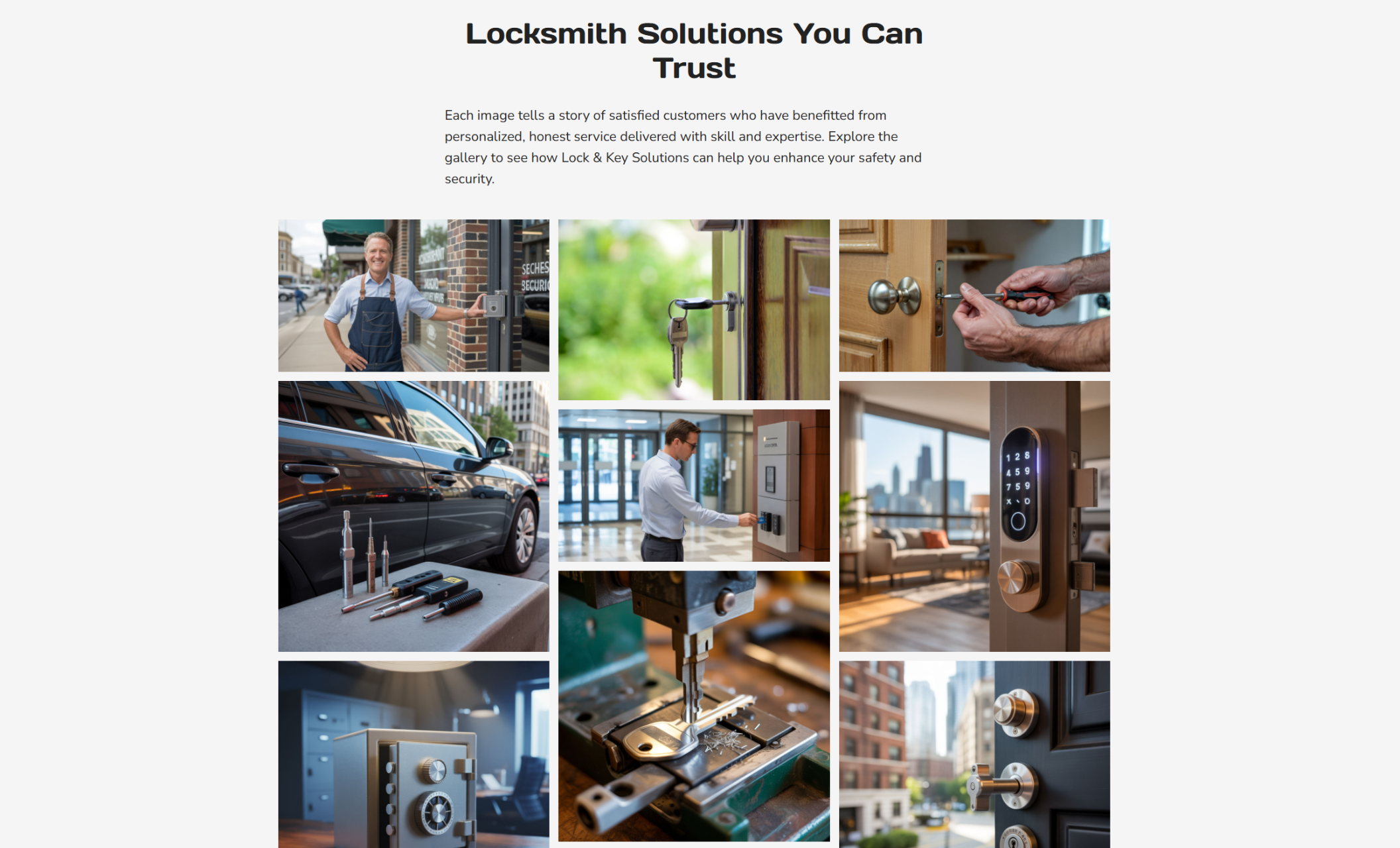 Lock & Key Solutions gallery section with a collage of locksmith-related images, including key cutting, lock installation, safe opening, automotive services, and smart lock systems