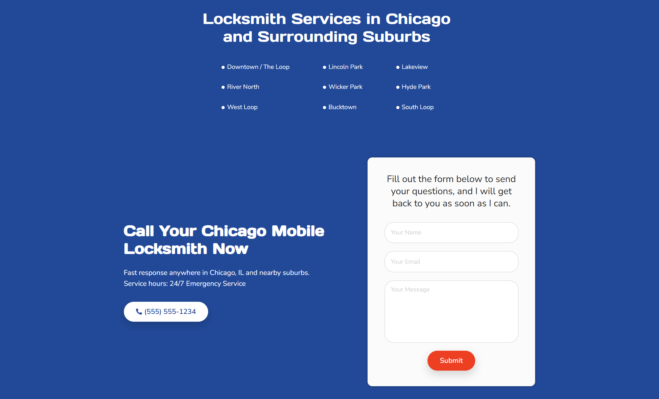 Lock & Key Solutions contact section showing a bold blue background with a service area list, phone number, and a white contact form inviting customers to request locksmith help in Chicago