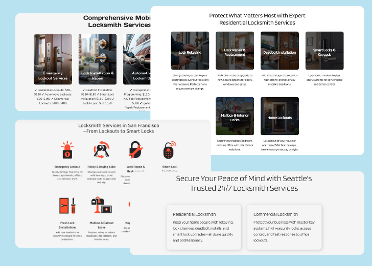A collage of services section generated by Zarla showing different styles of service items, all having a picture, a title, and a brief description