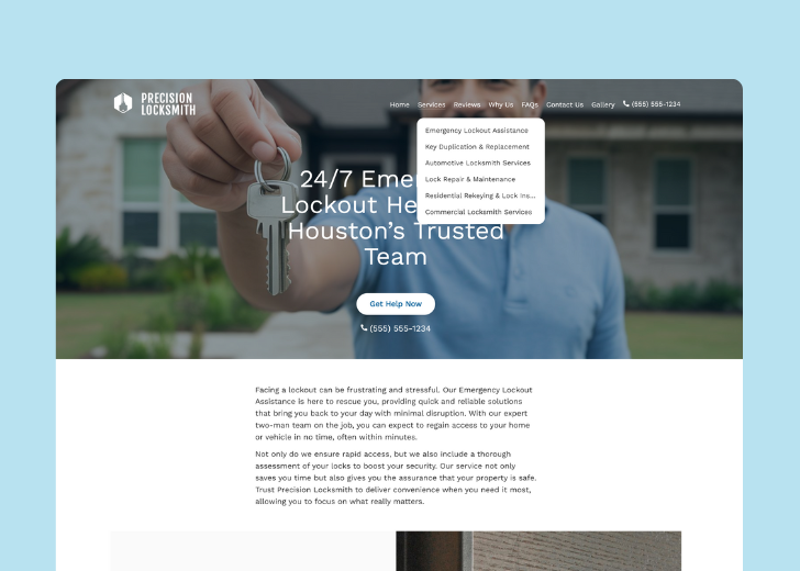Spotless Touch landing page of a specific service titled 'Post Construction Cleaning' with a contact form on the side