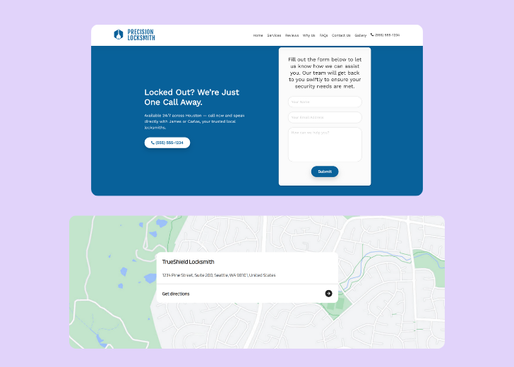 A screenshot of a header with navigation pills with contact number, a blue-colored primary button with contact number, and a 2D depiction of a map with a business address in the center