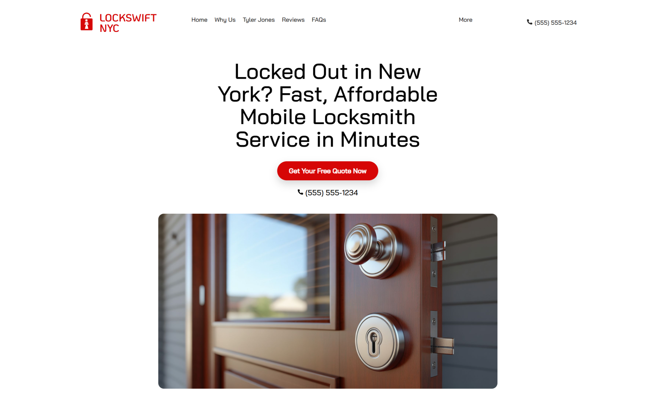 LockSwift NYC homepage featuring a wooden door with silver lock hardware beside the headline “Locked Out in New York? Fast, Affordable Mobile Locksmith Service in Minutes” and a red button that says “Get Your Free Quote Now.”