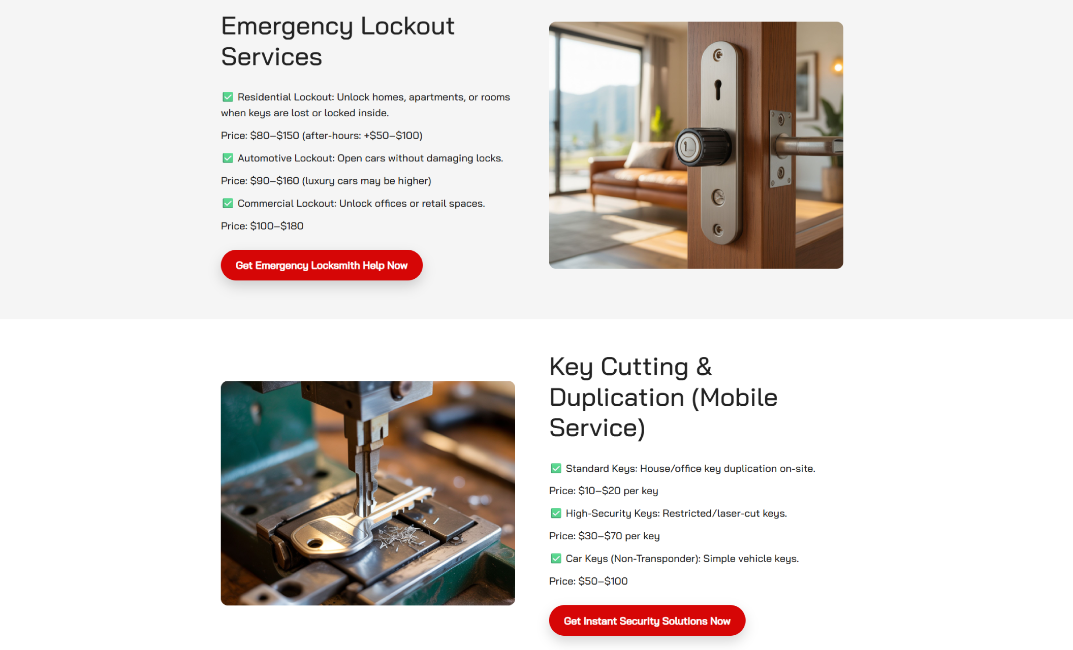 LockSwift NYC services section with a photo of a modern door lock and a close-up of a key cutting machine, listing prices for emergency lockouts and mobile key duplication