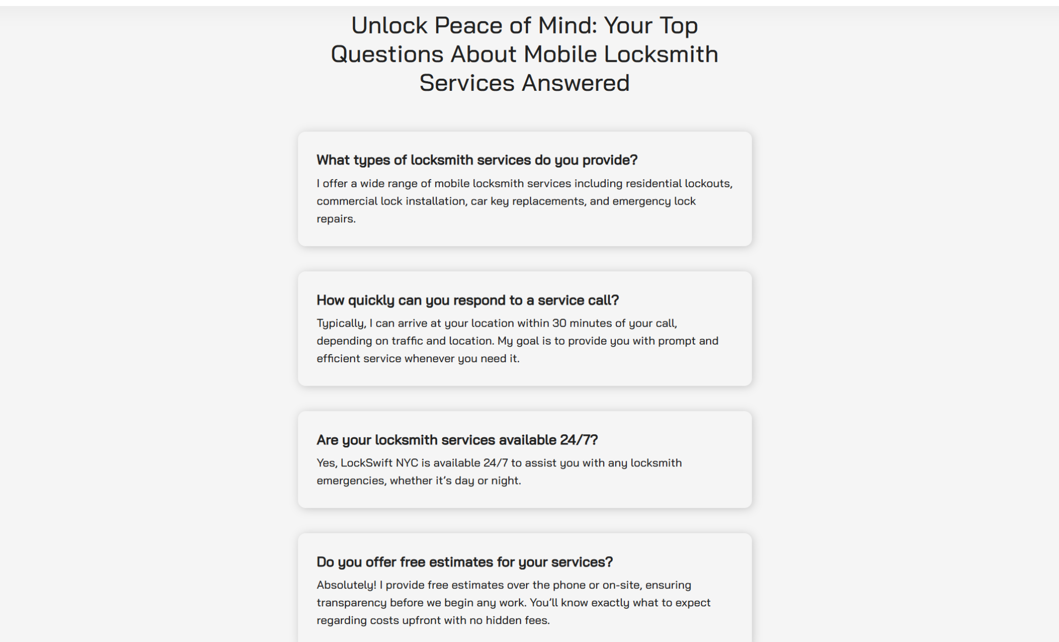 LockSwift NYC FAQ section showing a clean white layout with four service questions and answers, including “What types of locksmith services do you provide?” and “Are your locksmith services available 24/7?"