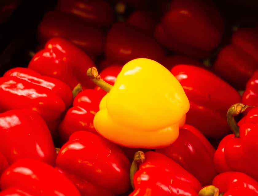 Sebuah paprika kuning di atas kumpulan paprika merah.