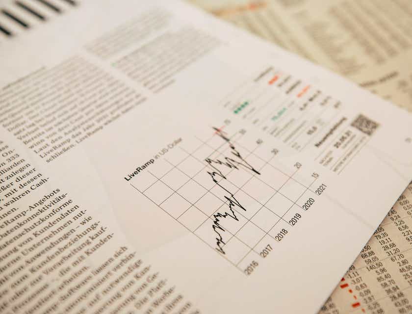 Gráfico de líneas de Dow Jones impreso en una revista de un negocio de finanzas.
