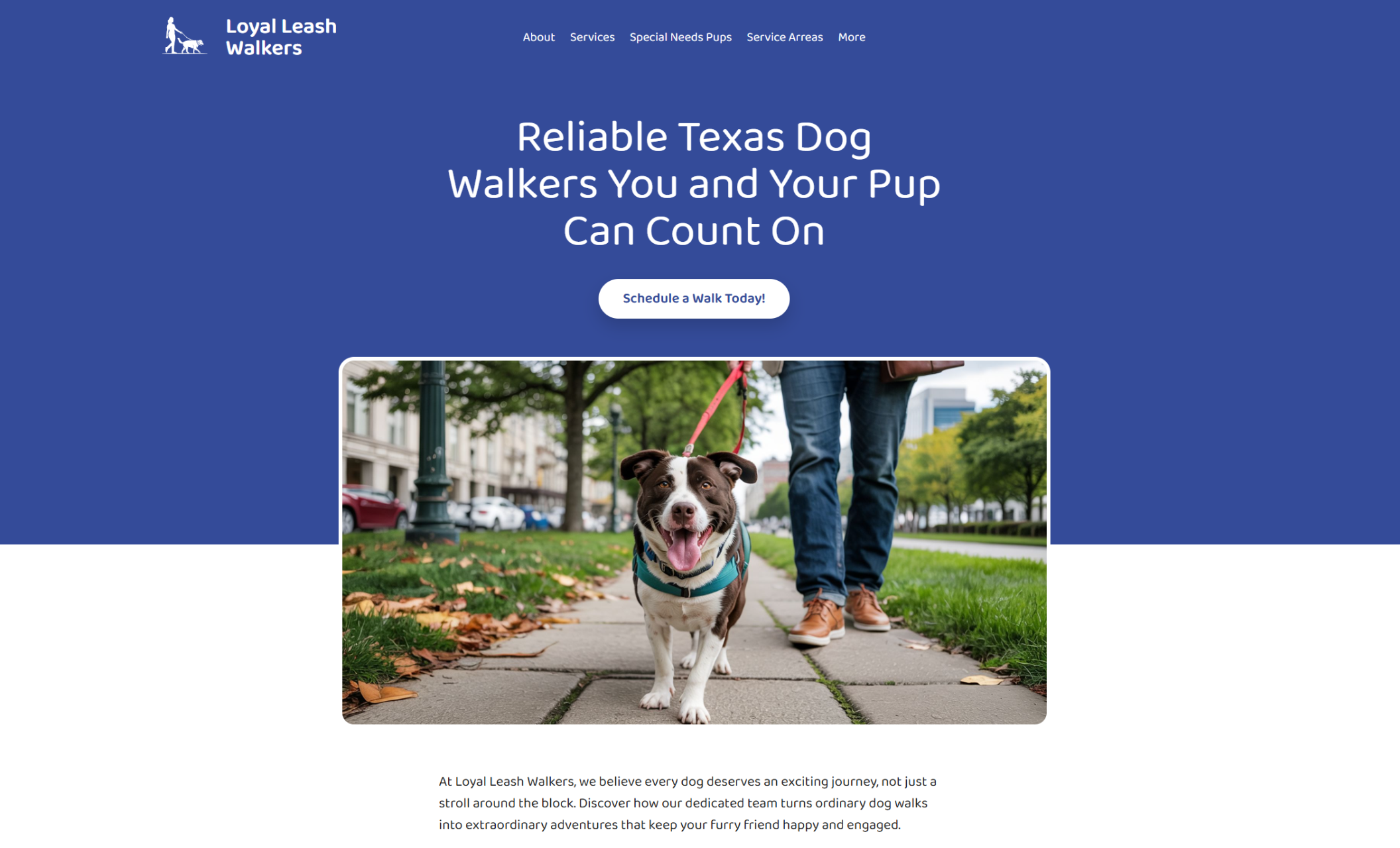 Loyal Leash Walkers homepage showing a bold blue header, centered headline text, and a full-width image of a happy pit bull on a leash walking down a city sidewalk