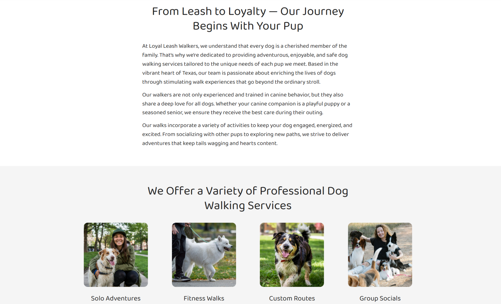 Loyal Leash Walkers website featuring a clean services section with a soft white background and image cards highlighting solo adventures, fitness walks, custom routes, and group socials