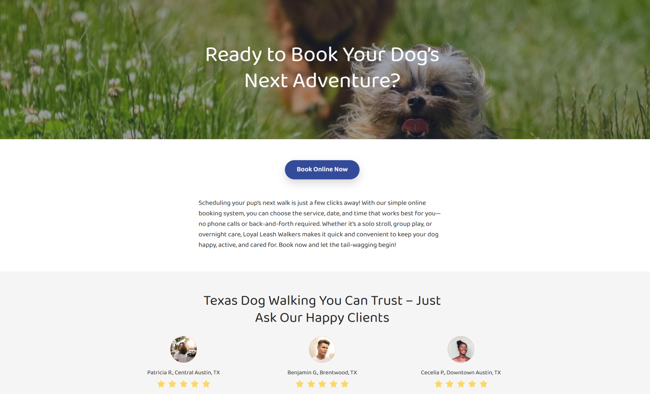 Loyal Leash Walkers site displaying a testimonial section and booking prompt above a blurred photo of a fluffy dog in tall grass with a centered call-to-action button