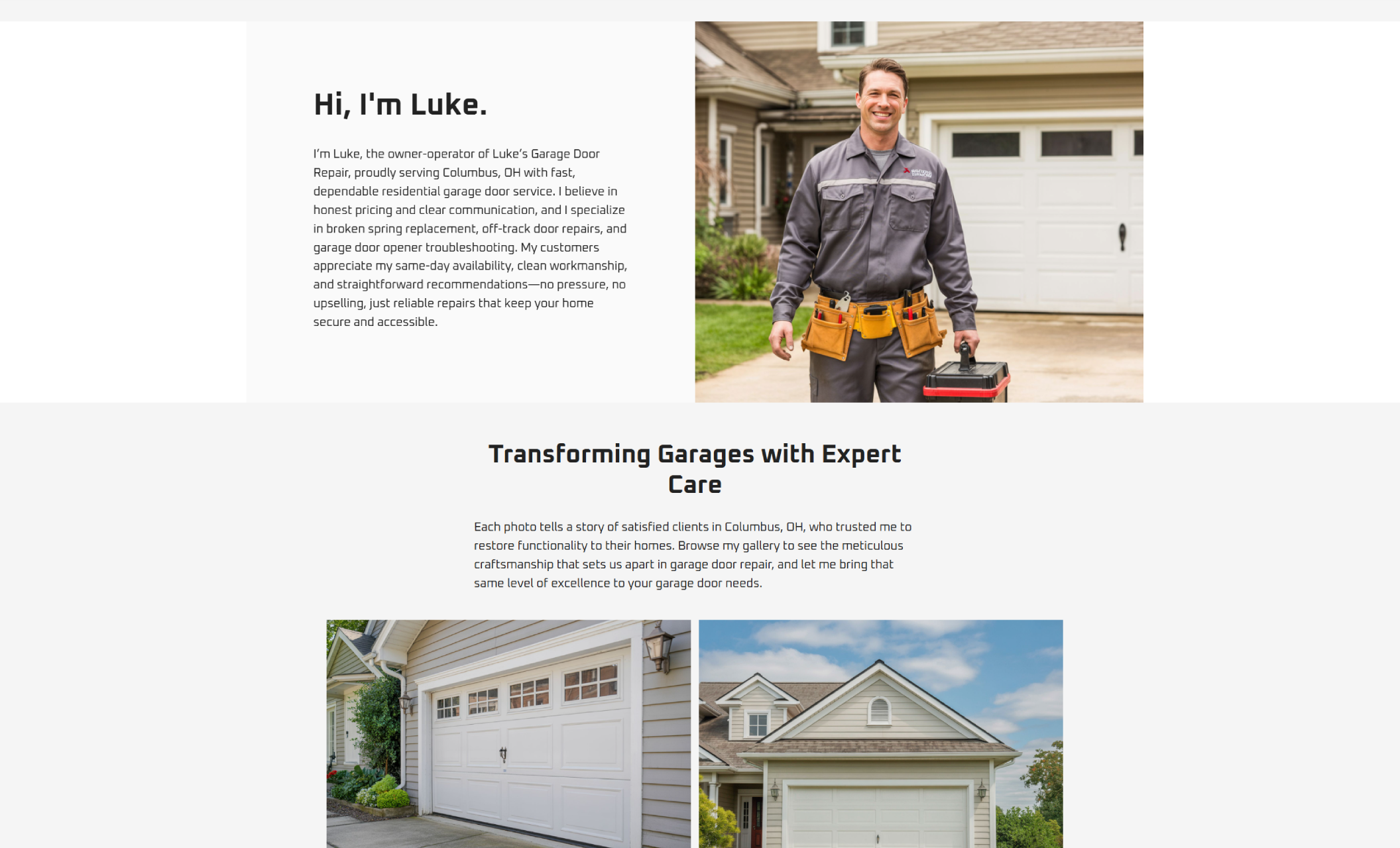 About section for Luke’s Garage Door Repair featuring the heading “Hi, I’m Luke.” with an owner bio on the left and a smiling technician holding a toolbox in front of a garage door, above a gallery section titled “Transforming Garages with Expert Care.”