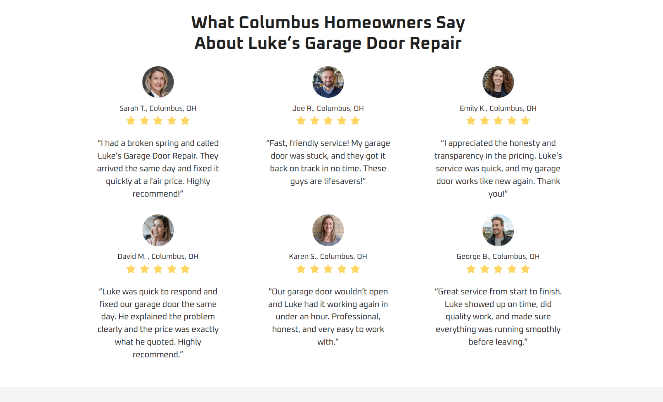Testimonials section titled “What Columbus Homeowners Say About Luke’s Garage Door Repair” featuring six five-star customer reviews with circular profile photos and names from Columbus, OH