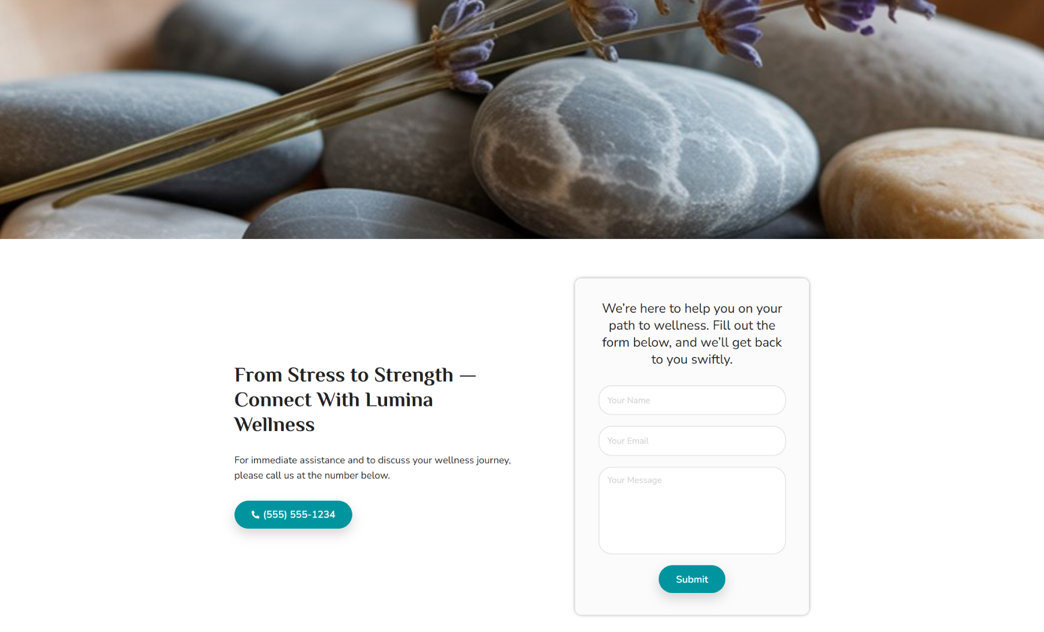 Lumina Wellness contact page featuring a background of smooth gray stones and lavender, with the headline “From Stress to Strength—Connect With Lumina Wellness,” a teal phone button, and a right-side form with fields for name, email, and message