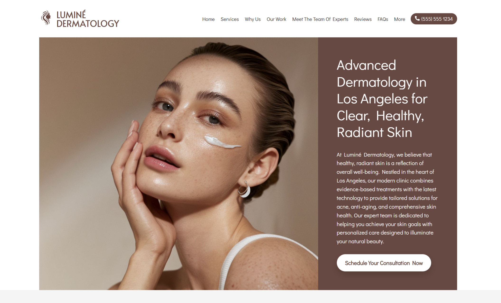 Luminé Dermatology homepage hero featuring a close-up of a woman applying face cream beside the headline “Advanced Dermatology in Los Angeles for Clear, Healthy, Radiant Skin,” with descriptive text and a white button labeled “Schedule Your Consultation Now.”