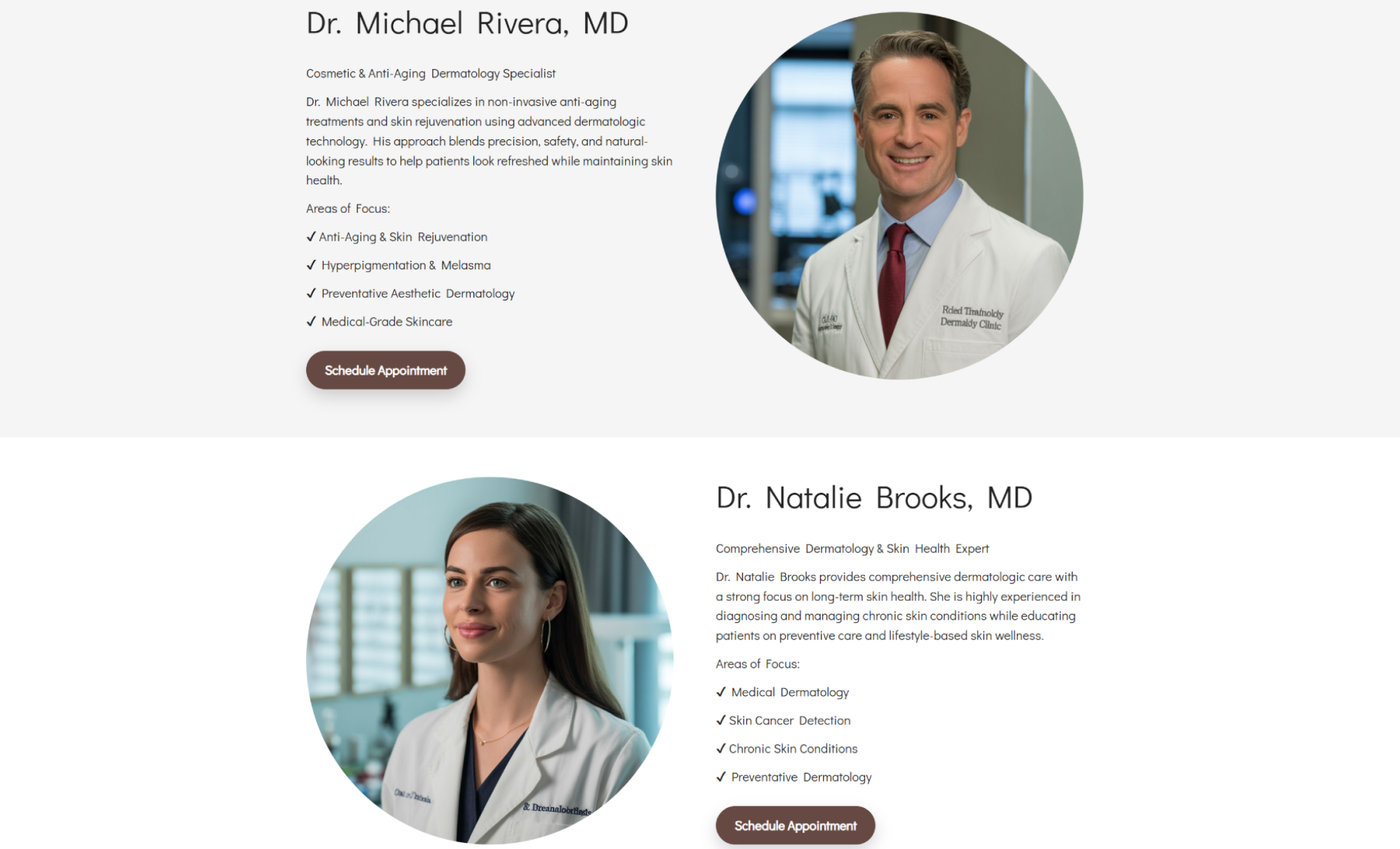 Luminé Dermatology team section featuring a profile of Dr. Michael Rivera, MD, showing a smiling dermatologist in a white coat beside text outlining his anti-aging specialties, areas of focus, and a brown “Schedule Appointment” button