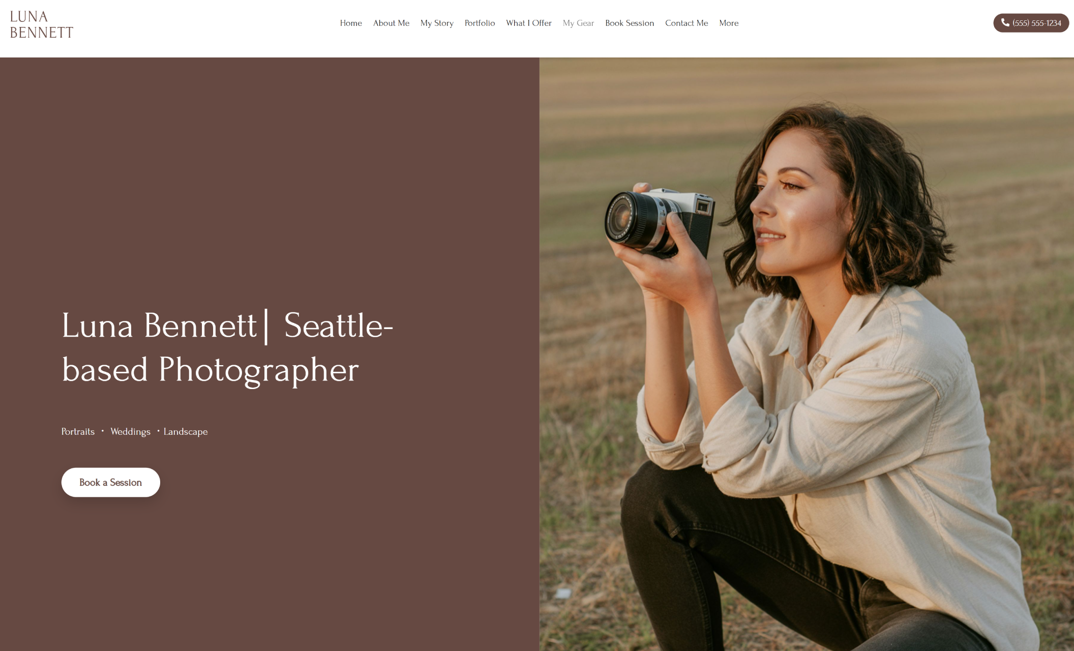 Luna Bennett photography homepage featuring a woman kneeling in a golden field holding a vintage camera, with the headline “Luna Bennett | Seattle-based Photographer” and a soft brown overlay