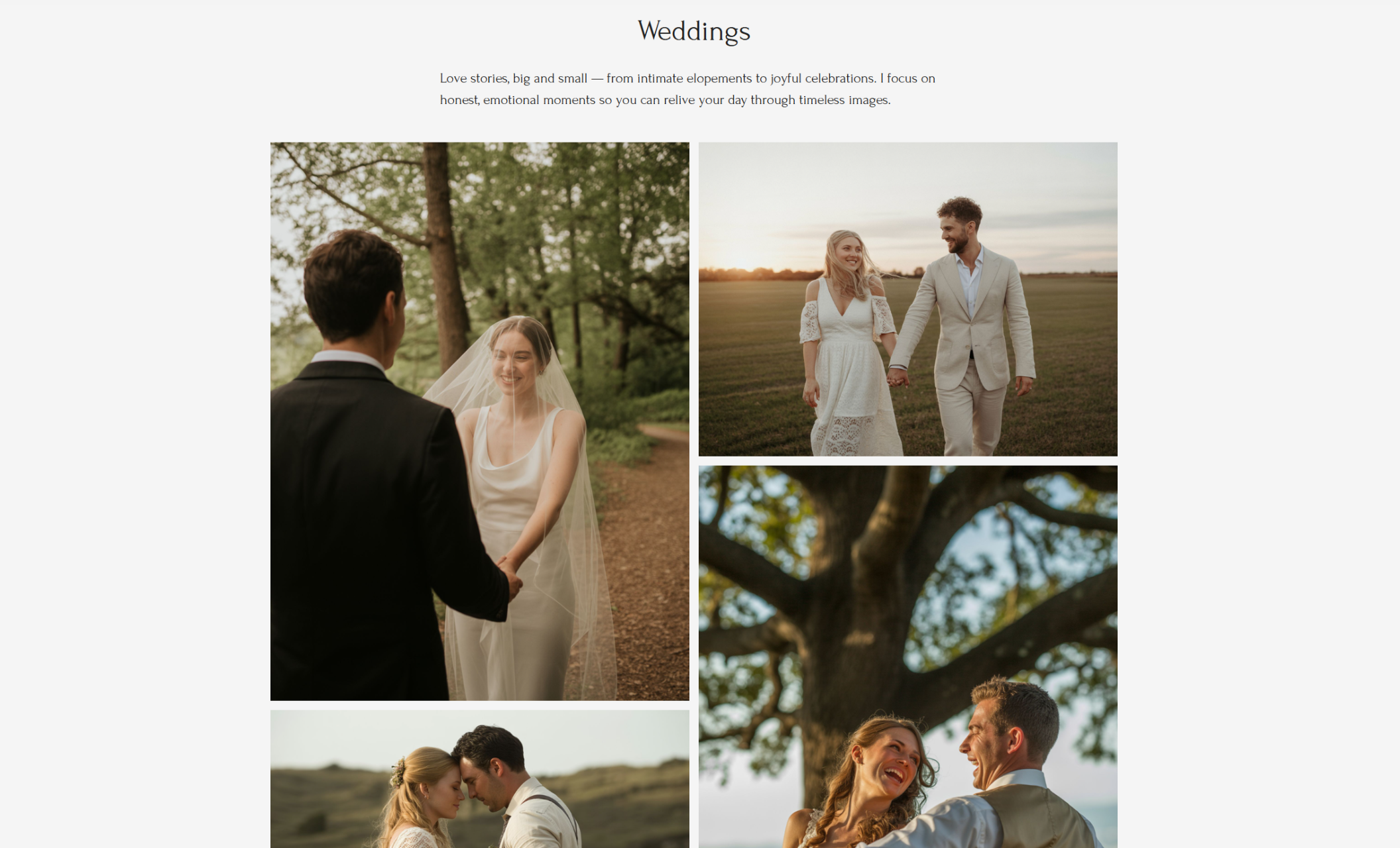 Weddings page gallery showcasing candid couples on their special day with soft, natural light and a caption that reads “Love stories, big and small — from intimate elopements to joyful celebrations”
