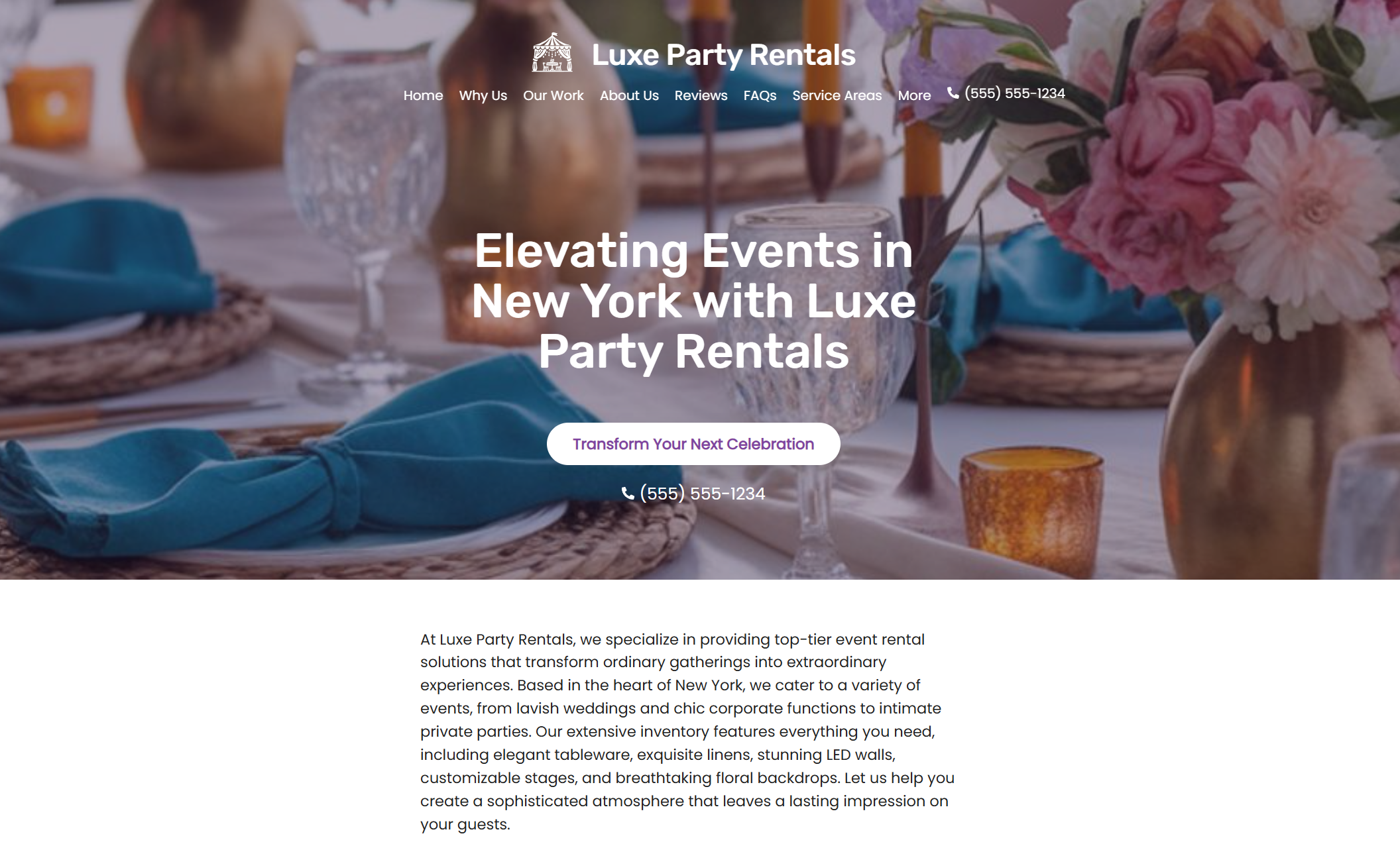 Luxe Party Rentals homepage featuring an elegant table setting with turquoise napkins, gold-rimmed glassware, and floral centerpieces beside the headline “Elevating Events in New York with Luxe Party Rentals” and a purple button that says “Transform Your Next Celebration.”