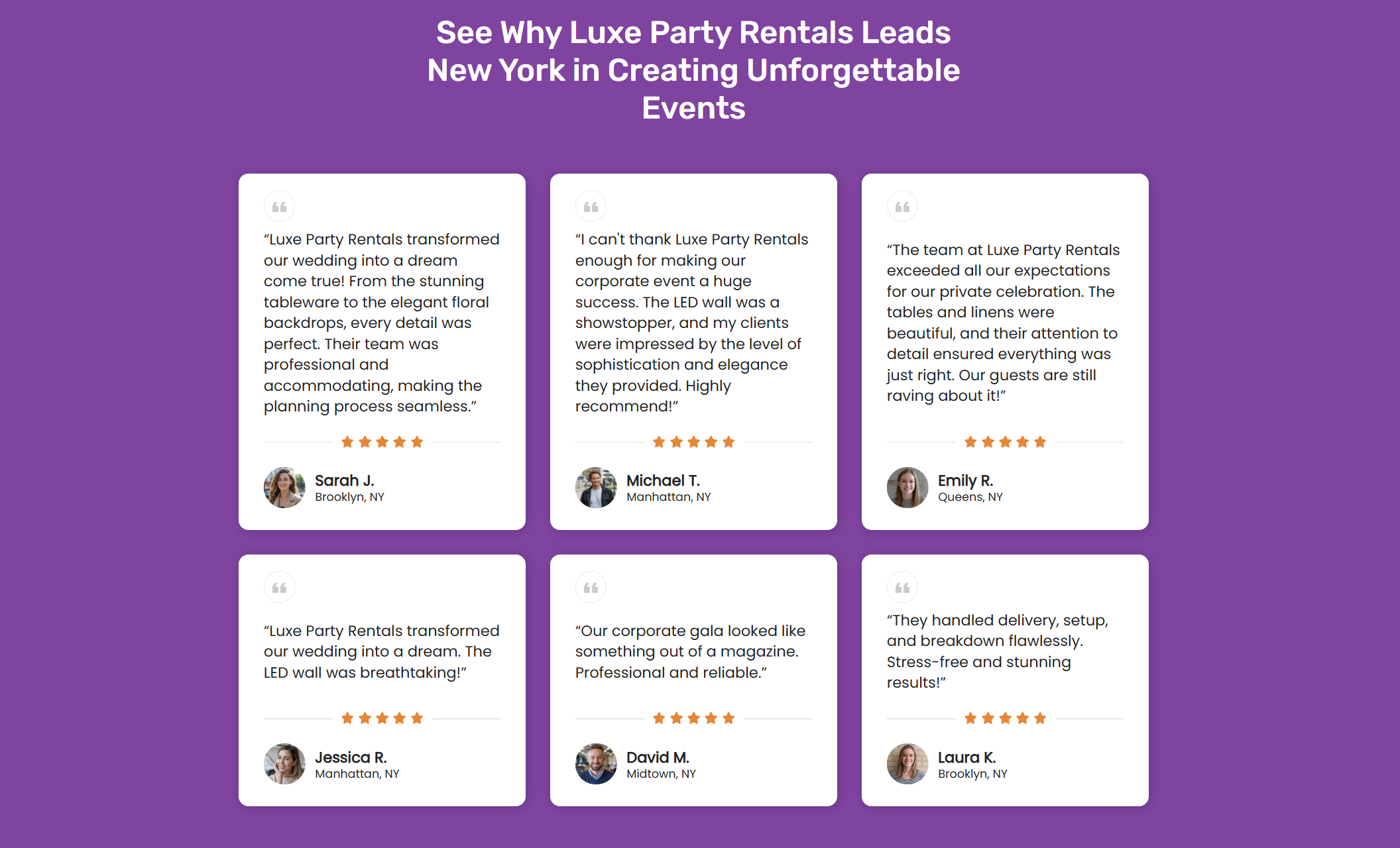Luxe Party Rentals testimonials section with a bold purple background and six white cards featuring customer reviews, star ratings, and small headshots, under the headline “See Why Luxe Party Rentals Leads New York in Creating Unforgettable Events.”