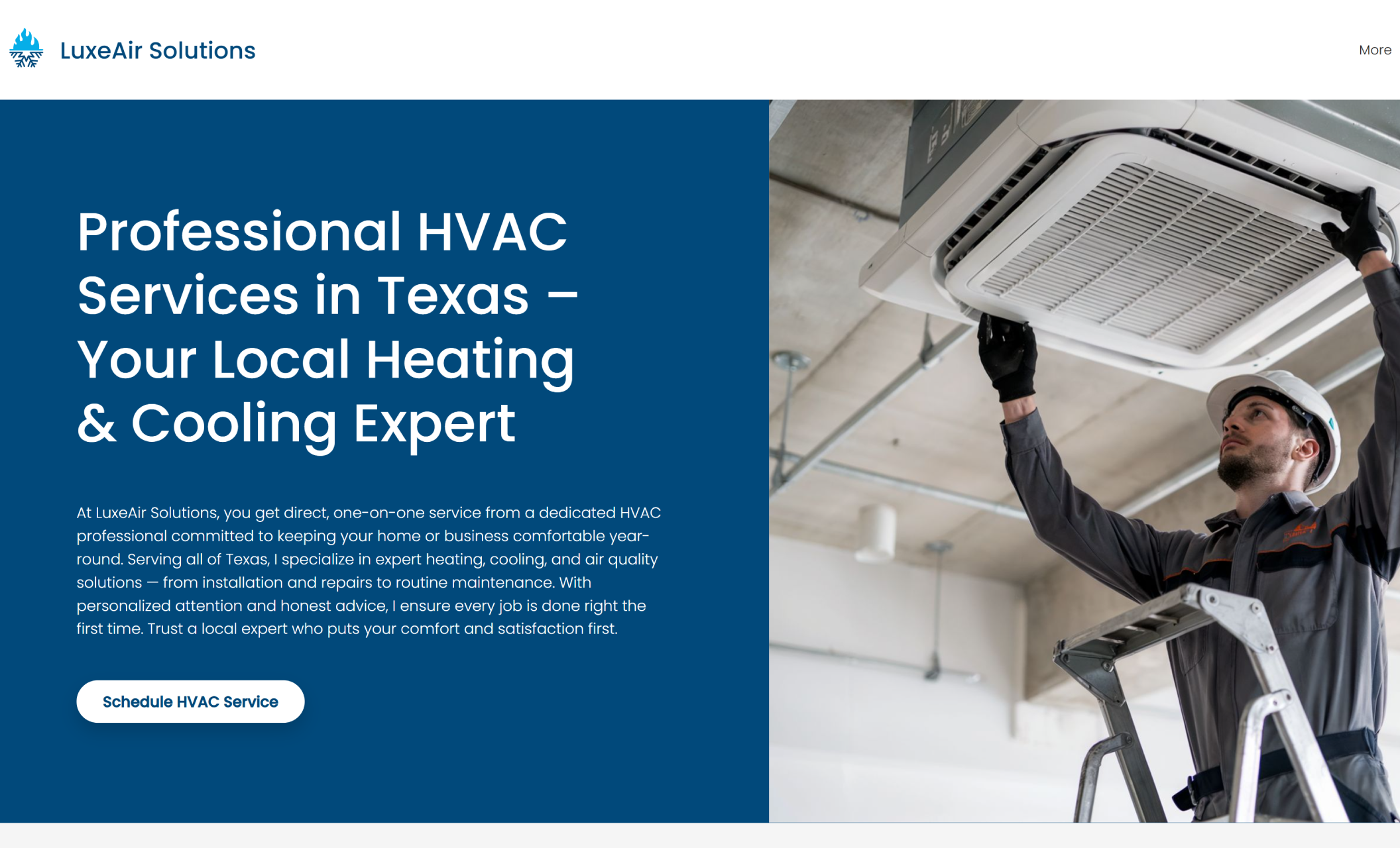 LuxeAir Solutions homepage displaying a technician installing a ceiling HVAC unit next to the bold headline “Professional HVAC Services in Texas – Your Local Heating & Cooling Expert” with a white button that reads “Schedule HVAC Service.”