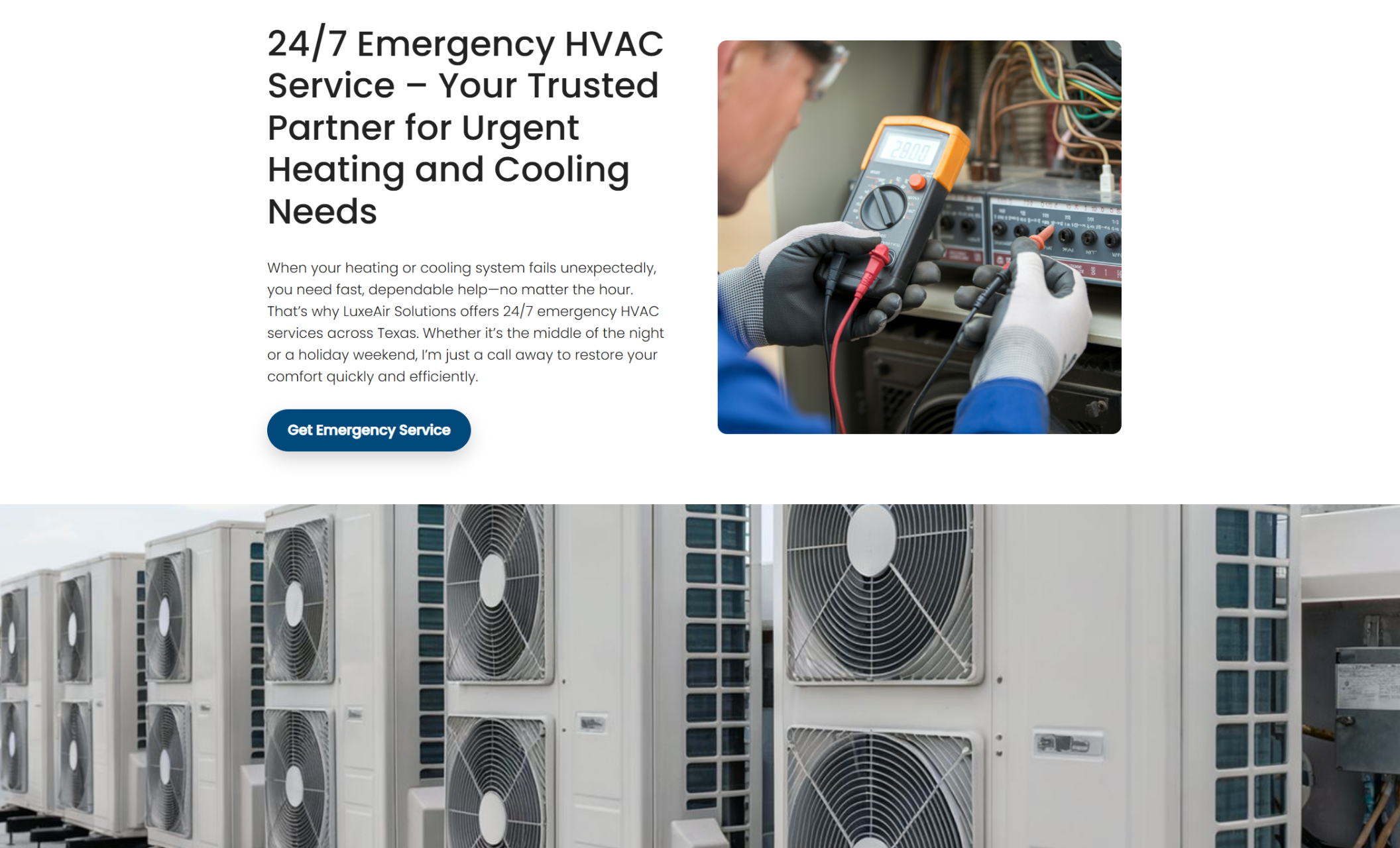 LuxeAir Solutions webpage featuring a technician using diagnostic tools beside the headline “24/7 Emergency HVAC Service – Your Trusted Partner for Urgent Heating and Cooling Needs” and a blue button labeled “Get Emergency Service.”