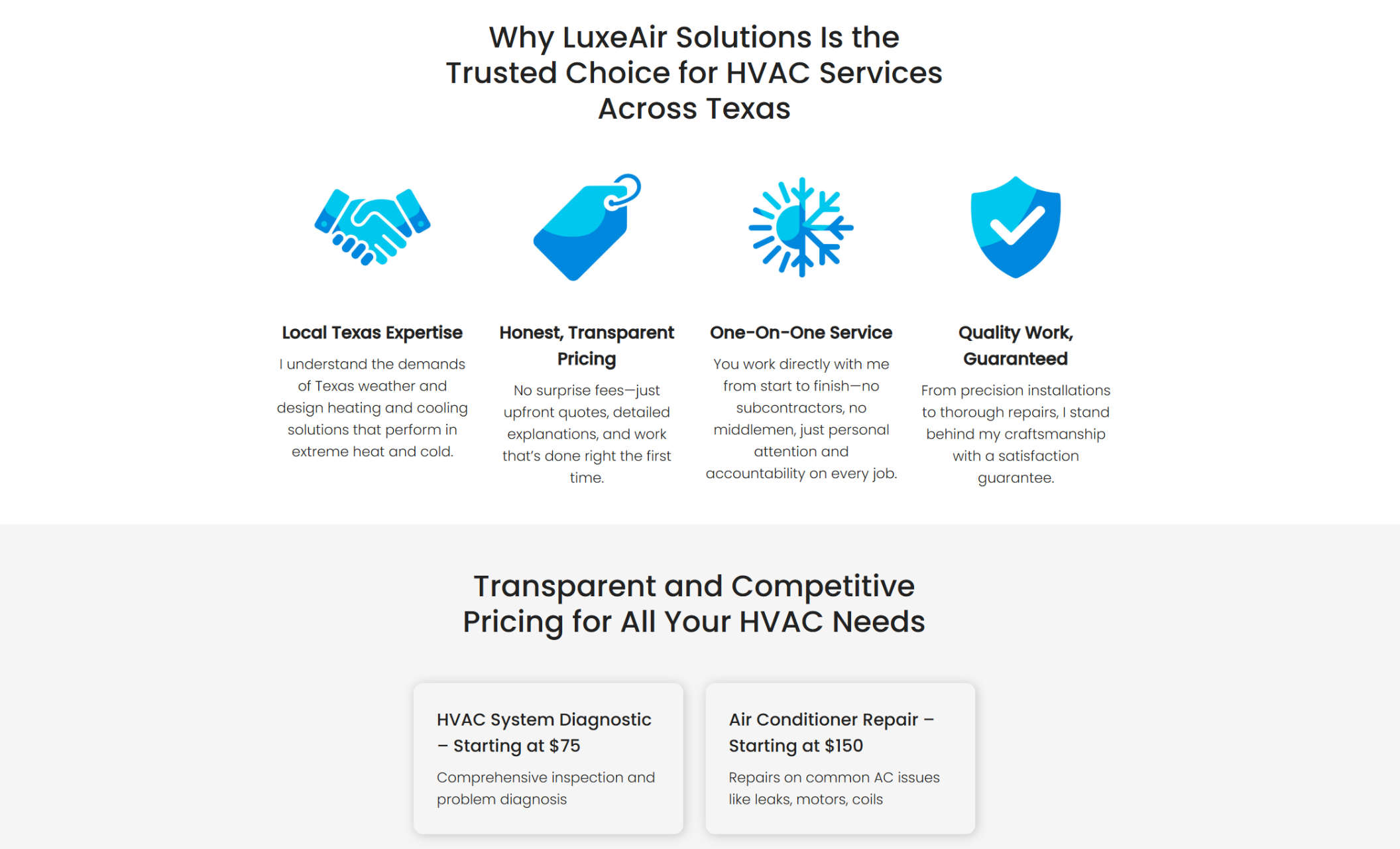 LuxeAir Solutions webpage showcasing four icons with text highlighting Local Texas Expertise, Honest Transparent Pricing, One-on-One Service, and Guaranteed Quality Work, followed by a pricing section with service cards starting at $75.